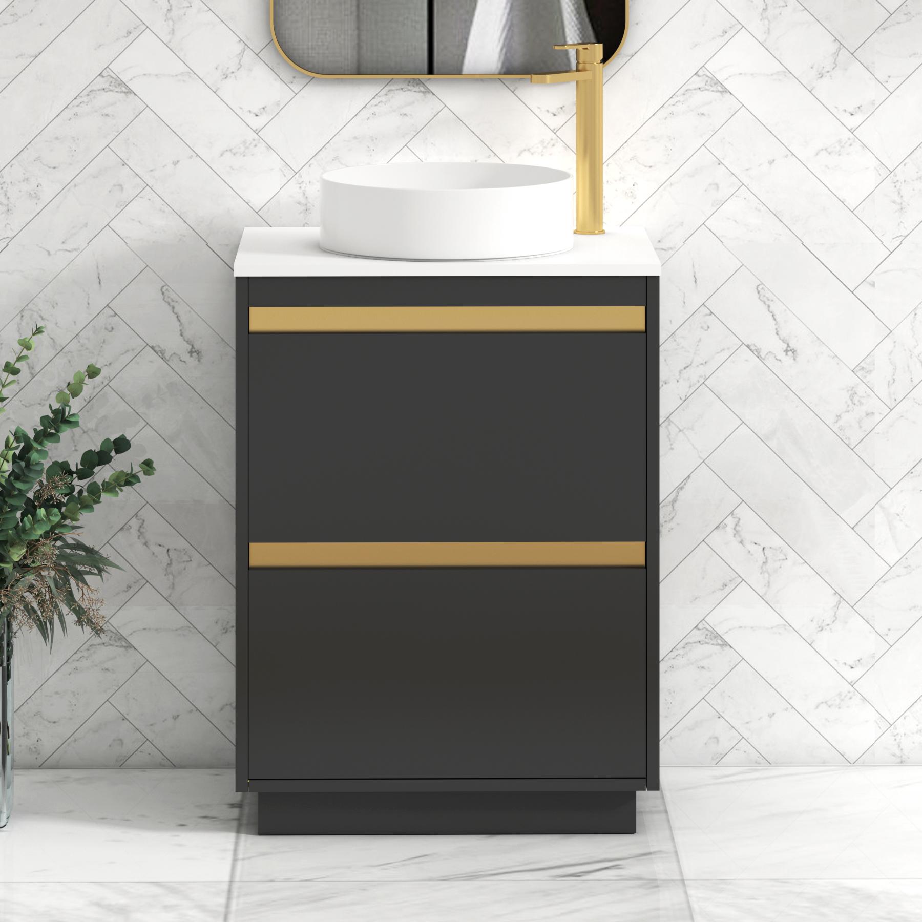 Orion 2 Drawer Matt Obsidian Black Floor Standing Vanity Unit with Plain White Top & Countertop Basin | Brushed Brass Accent Trim