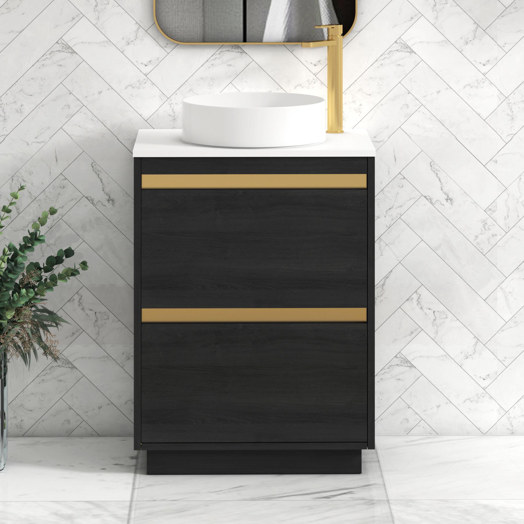 Orion 2 Drawer Hale Black Floor Standing Vanity Unit with Plain White Top & Countertop Basin | Brushed Brass Accent Trim