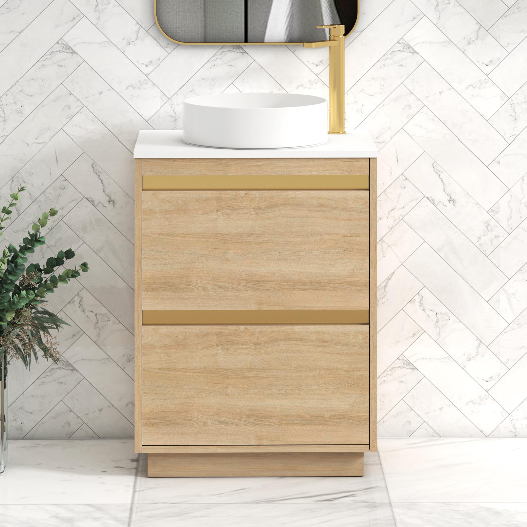 Orion 2 Drawer Natural Oak Floor Standing Vanity Unit with Plain White Top & Countertop Basin | Brushed Brass Accent Trim