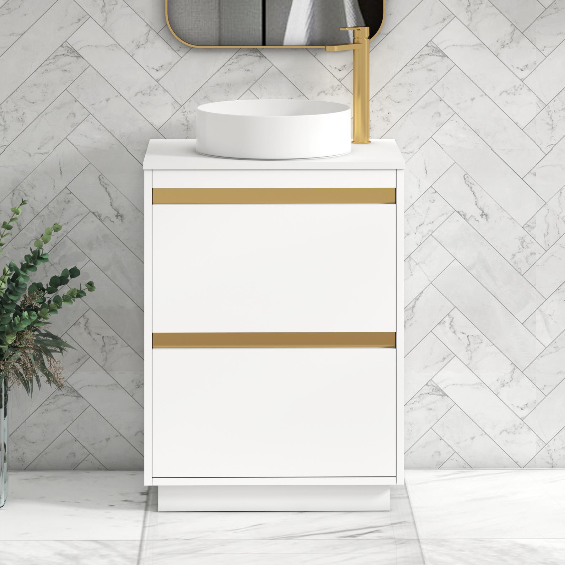 Orion 2 Drawer Matt White Floor Standing Vanity Unit with Plain White Top & Countertop Basin | Brushed Brass Accent Trim