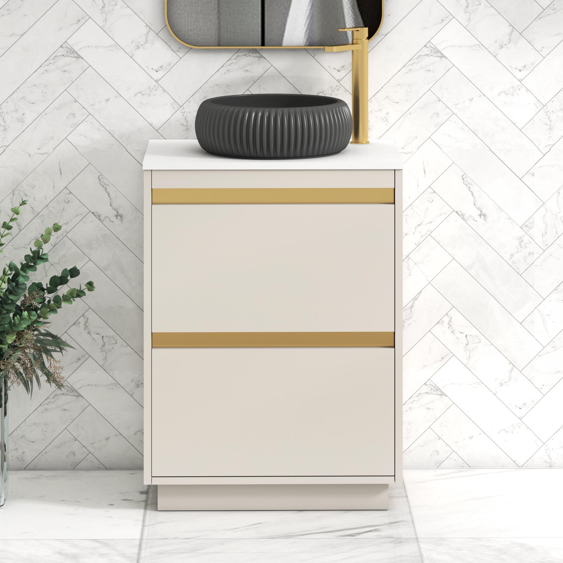 Orion 2 Drawer Warm Taupe Floor Standing Vanity Unit with Plain White Top & Countertop Basin | Brushed Brass Accent Trim