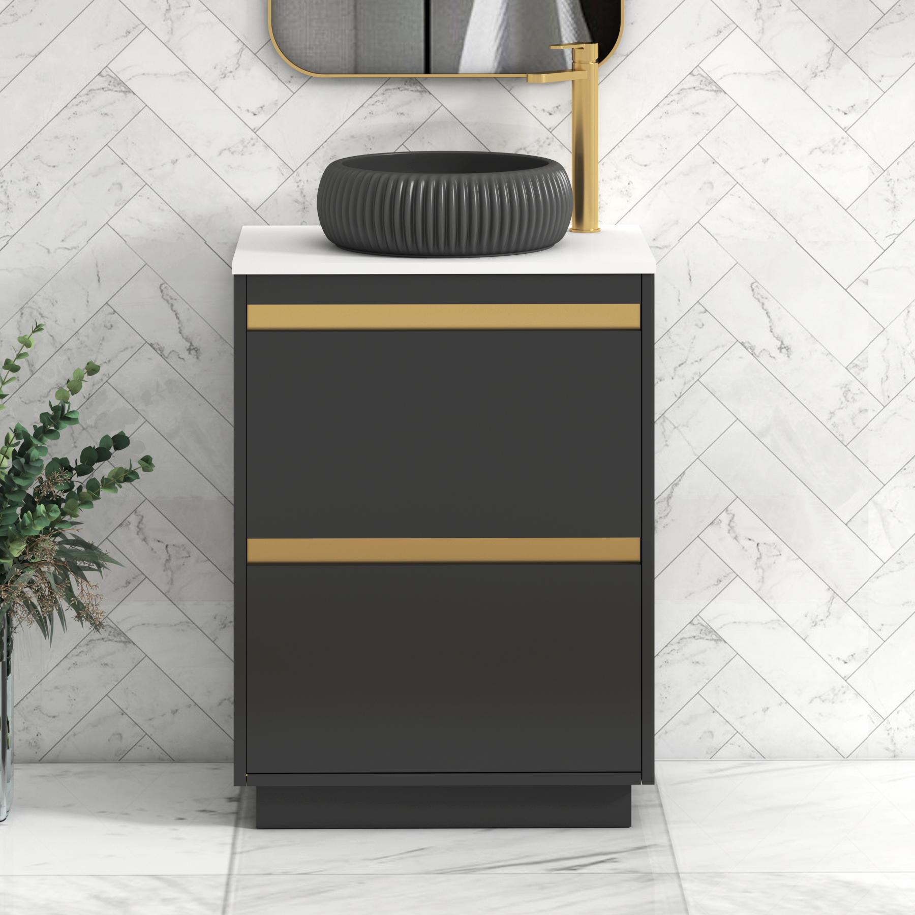Orion 2 Drawer Matt Obsidian Black Floor Standing Vanity Unit with Plain White Top & Countertop Basin | Brushed Brass Accent Trim