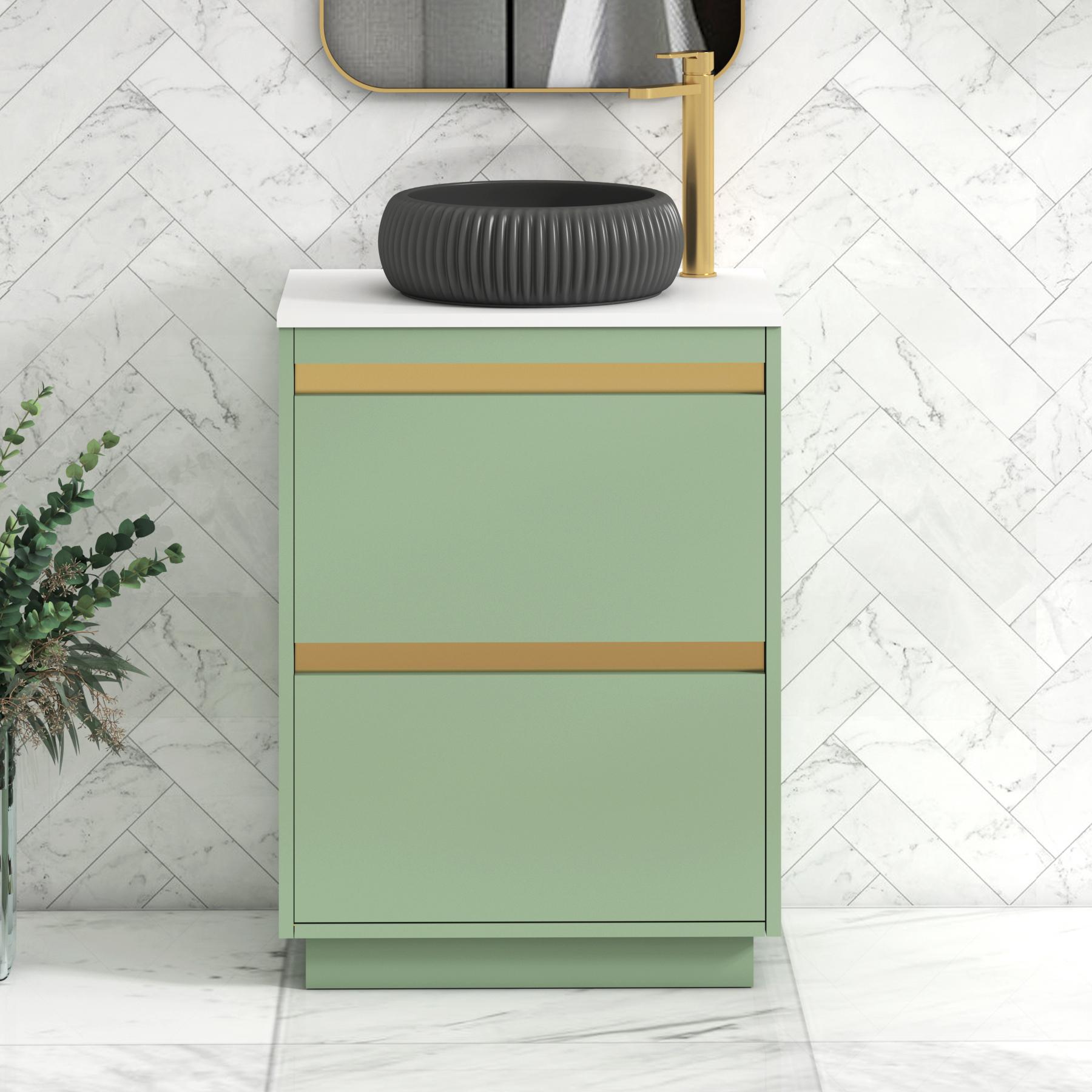 Orion 2 Drawer Mint Sage Floor Standing Vanity Unit with Plain White Top & Countertop Basin | Brushed Brass Accent Trim