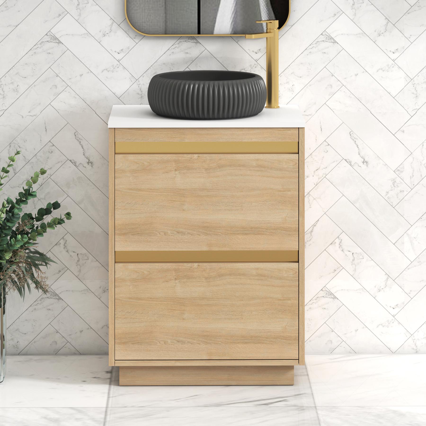 Orion 2 Drawer Natural Oak Floor Standing Vanity Unit with Plain White Top & Countertop Basin | Brushed Brass Accent Trim