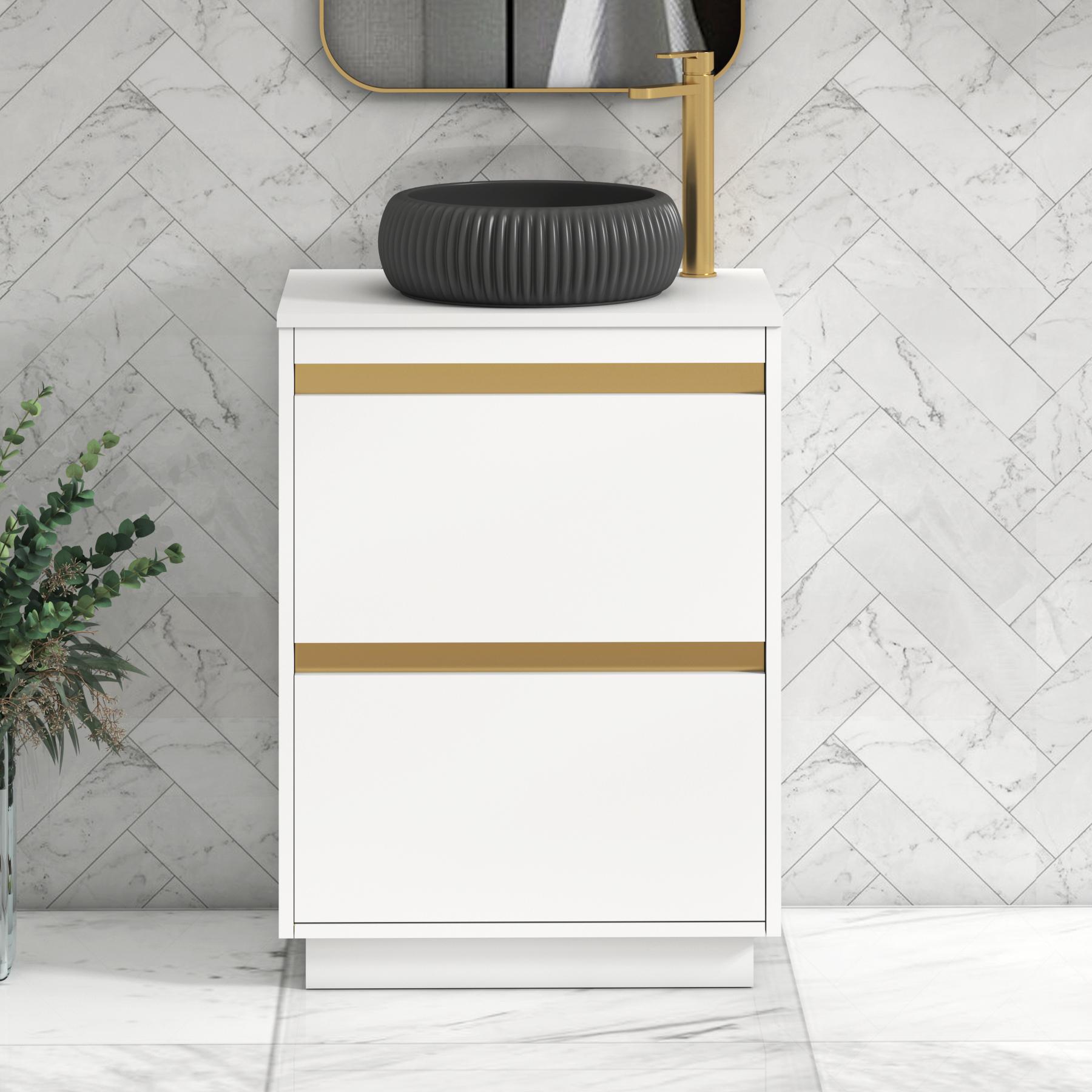 Orion 2 Drawer Matt White Floor Standing Vanity Unit with Plain White Top & Countertop Basin | Brushed Brass Accent Trim