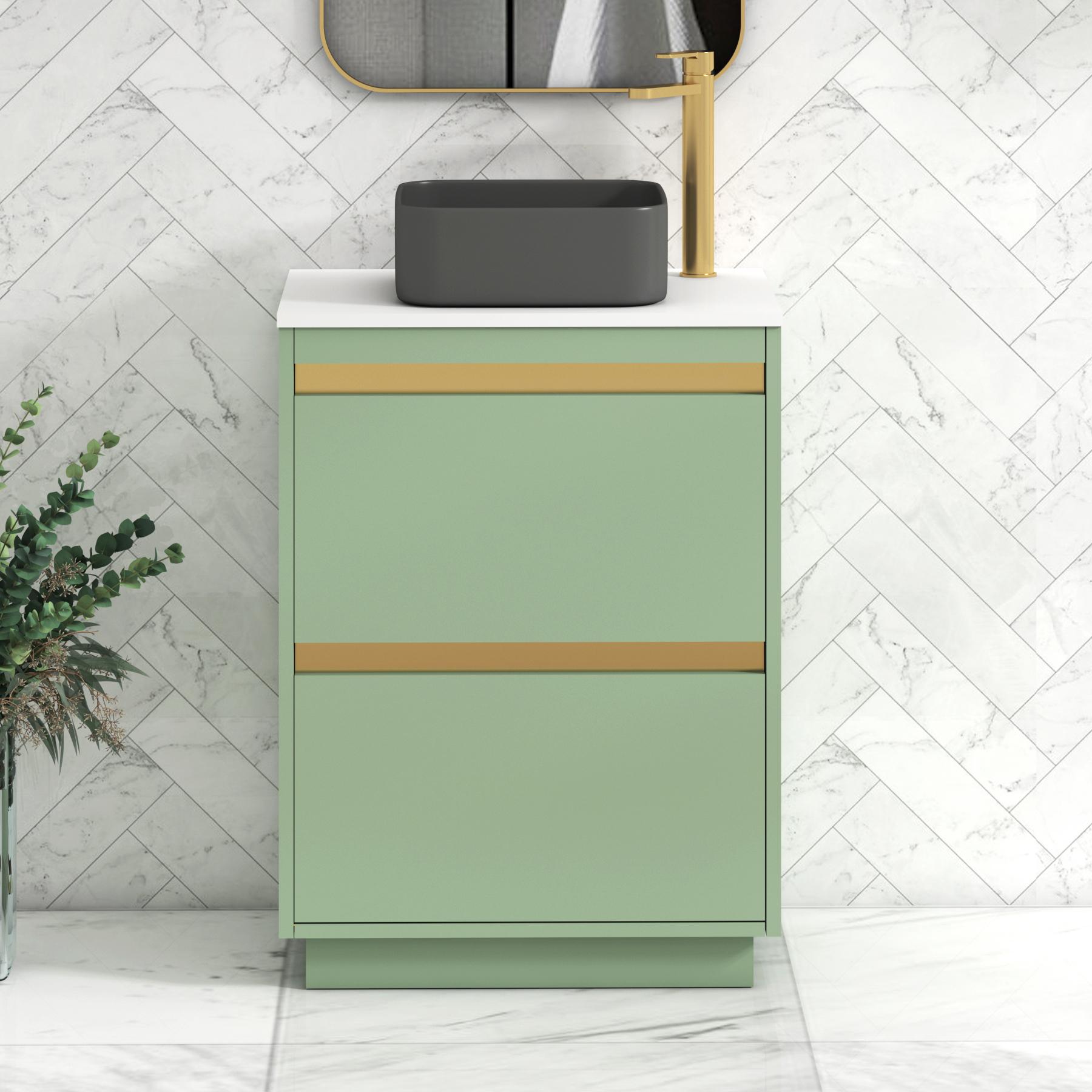 Orion 2 Drawer Mint Sage Floor Standing Vanity Unit with Plain White Top & Countertop Basin | Brushed Brass Accent Trim