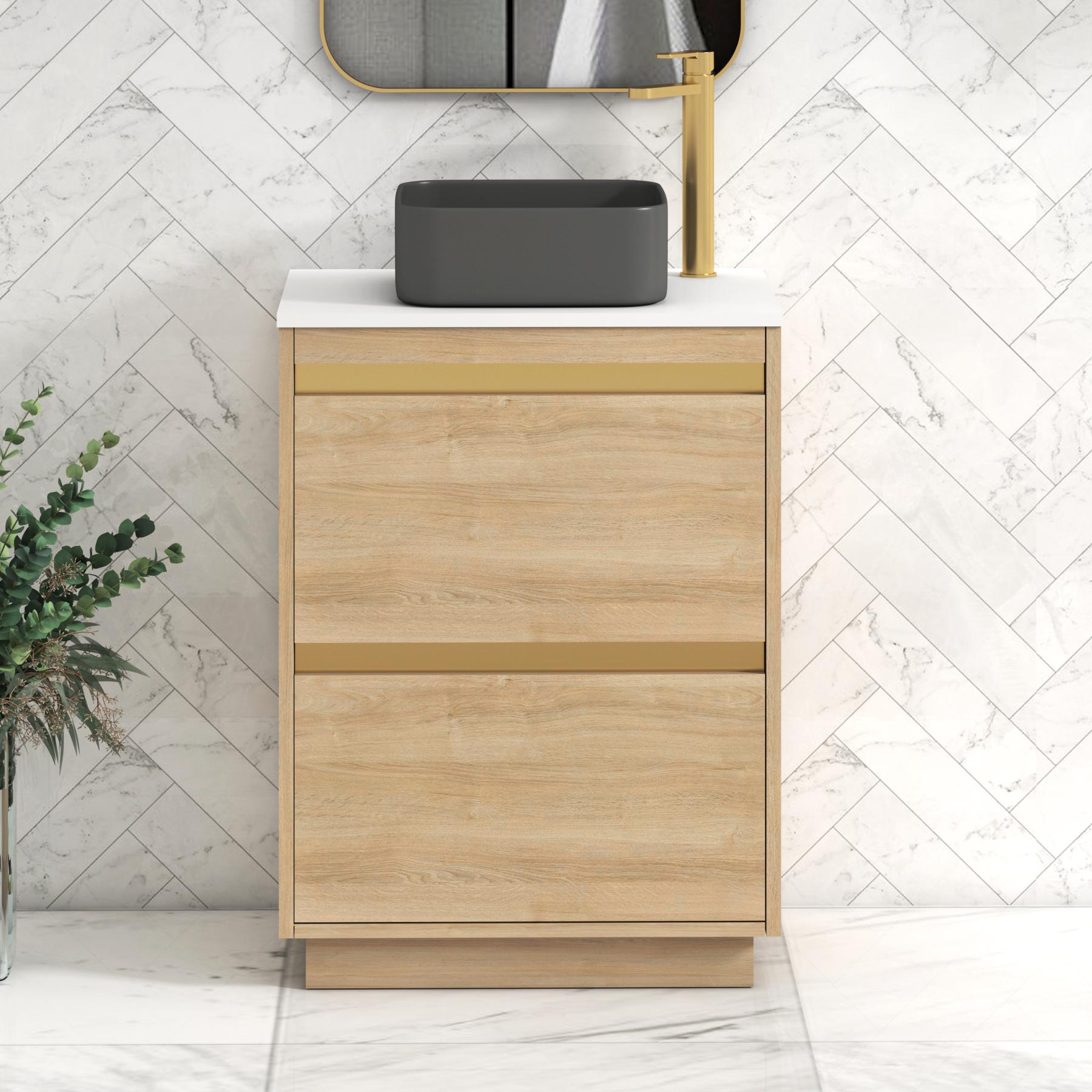 Orion 2 Drawer Natural Oak Floor Standing Vanity Unit with Plain White Top & Countertop Basin | Brushed Brass Accent Trim