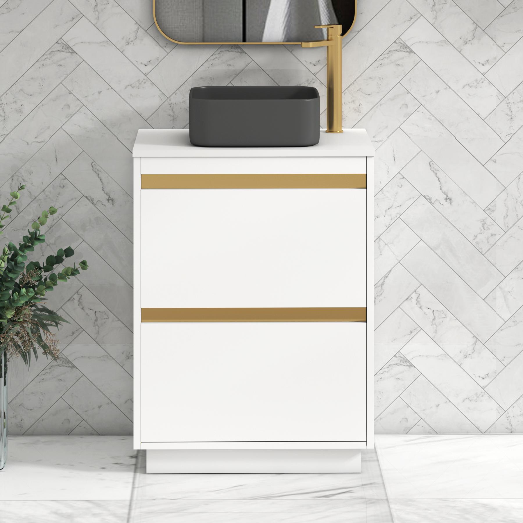 Orion 2 Drawer Matt White Floor Standing Vanity Unit with Plain White Top & Countertop Basin | Brushed Brass Accent Trim