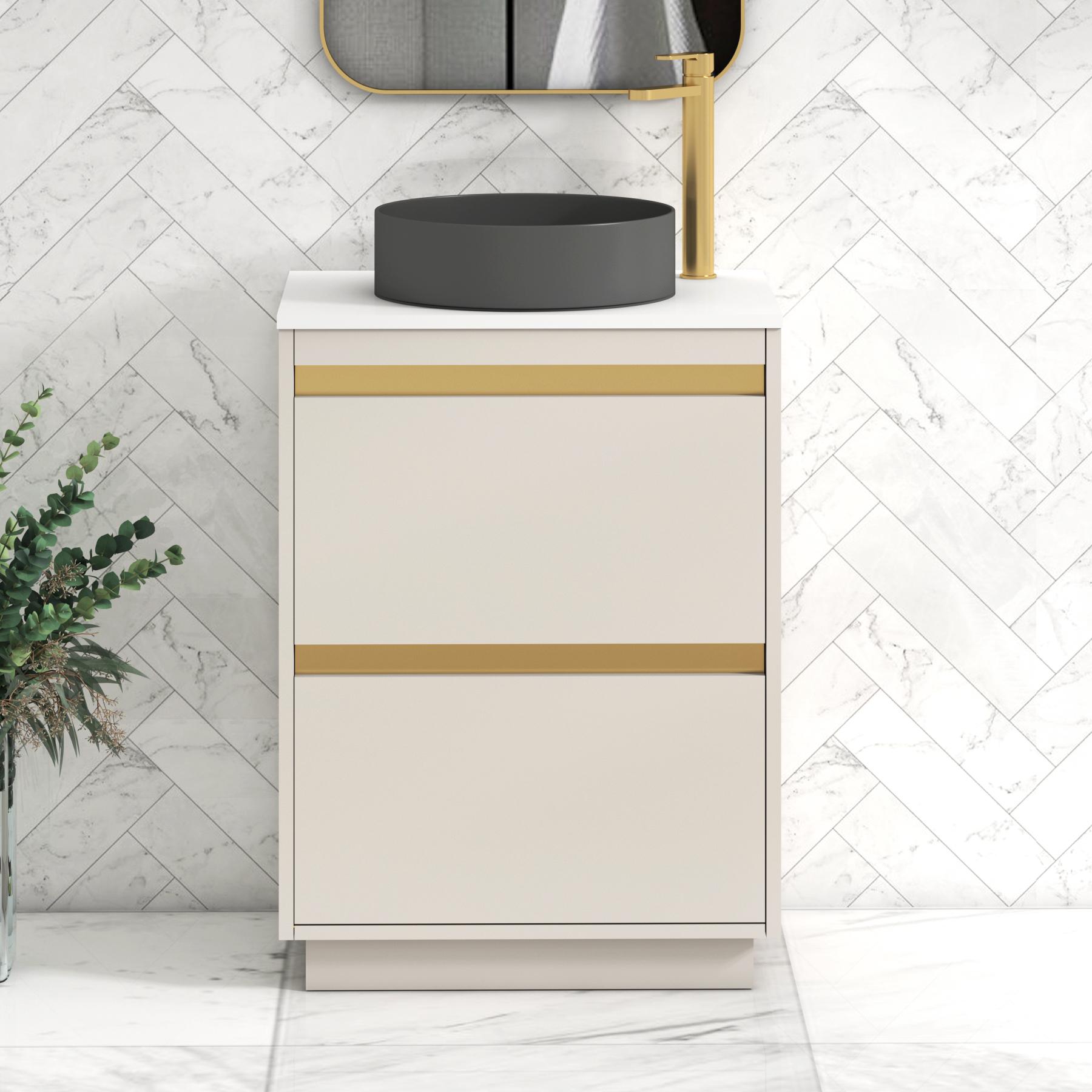 Orion 2 Drawer Warm Taupe Floor Standing Vanity Unit with Plain White Top & Countertop Basin | Brushed Brass Accent Trim