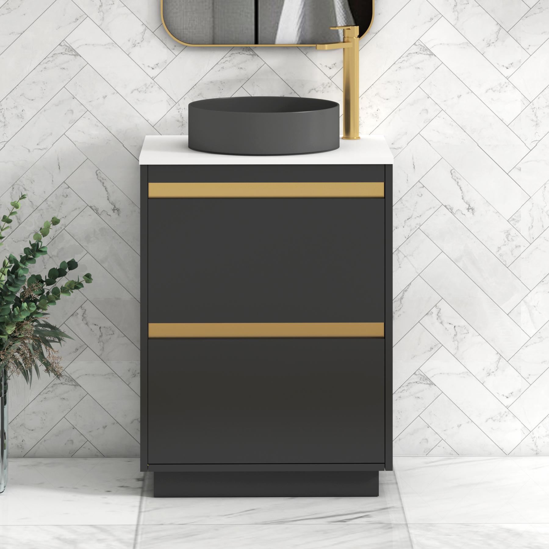 Orion 2 Drawer Matt Obsidian Black Floor Standing Vanity Unit with Plain White Top & Countertop Basin | Brushed Brass Accent Trim