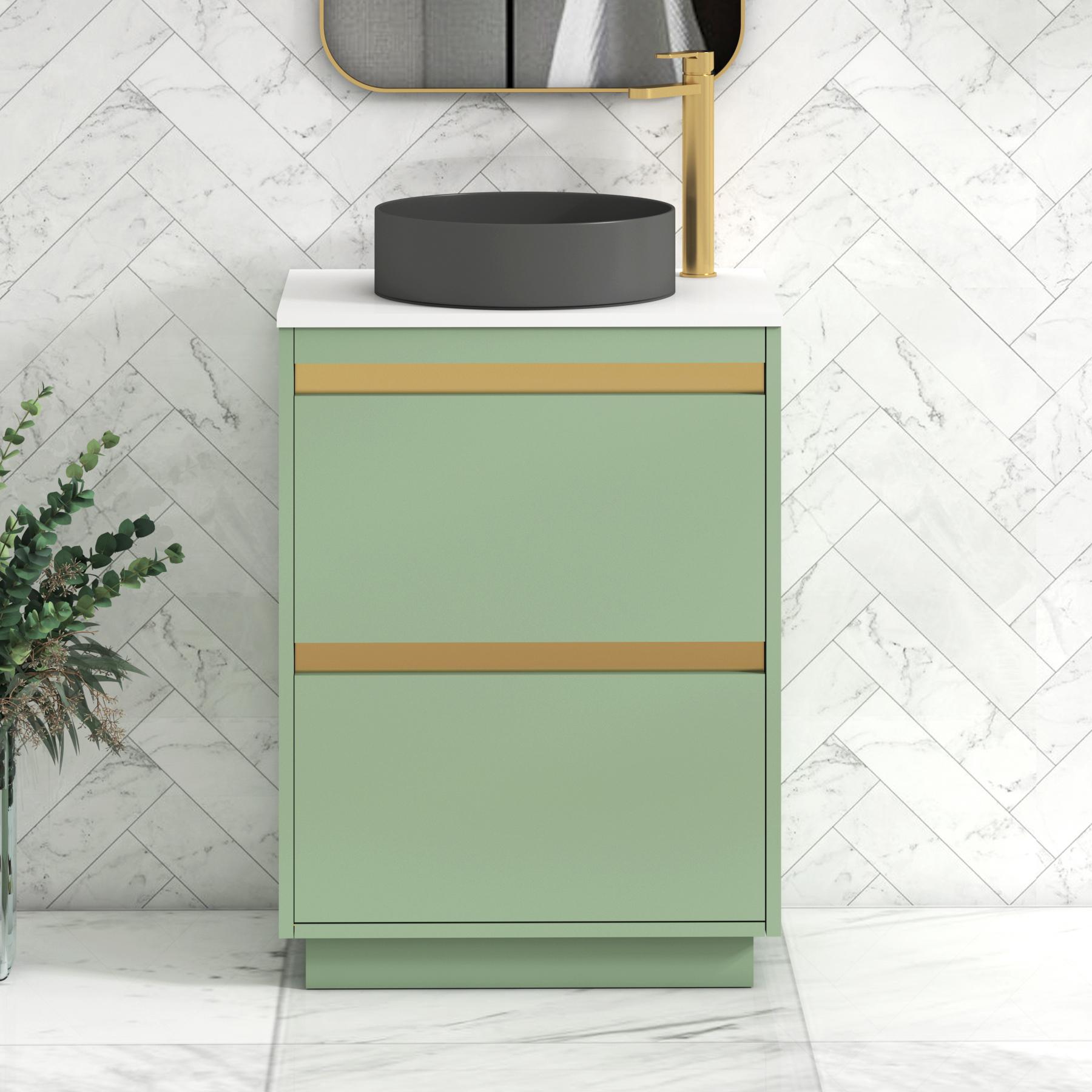 Orion 2 Drawer Mint Sage Floor Standing Vanity Unit with Plain White Top & Countertop Basin | Brushed Brass Accent Trim