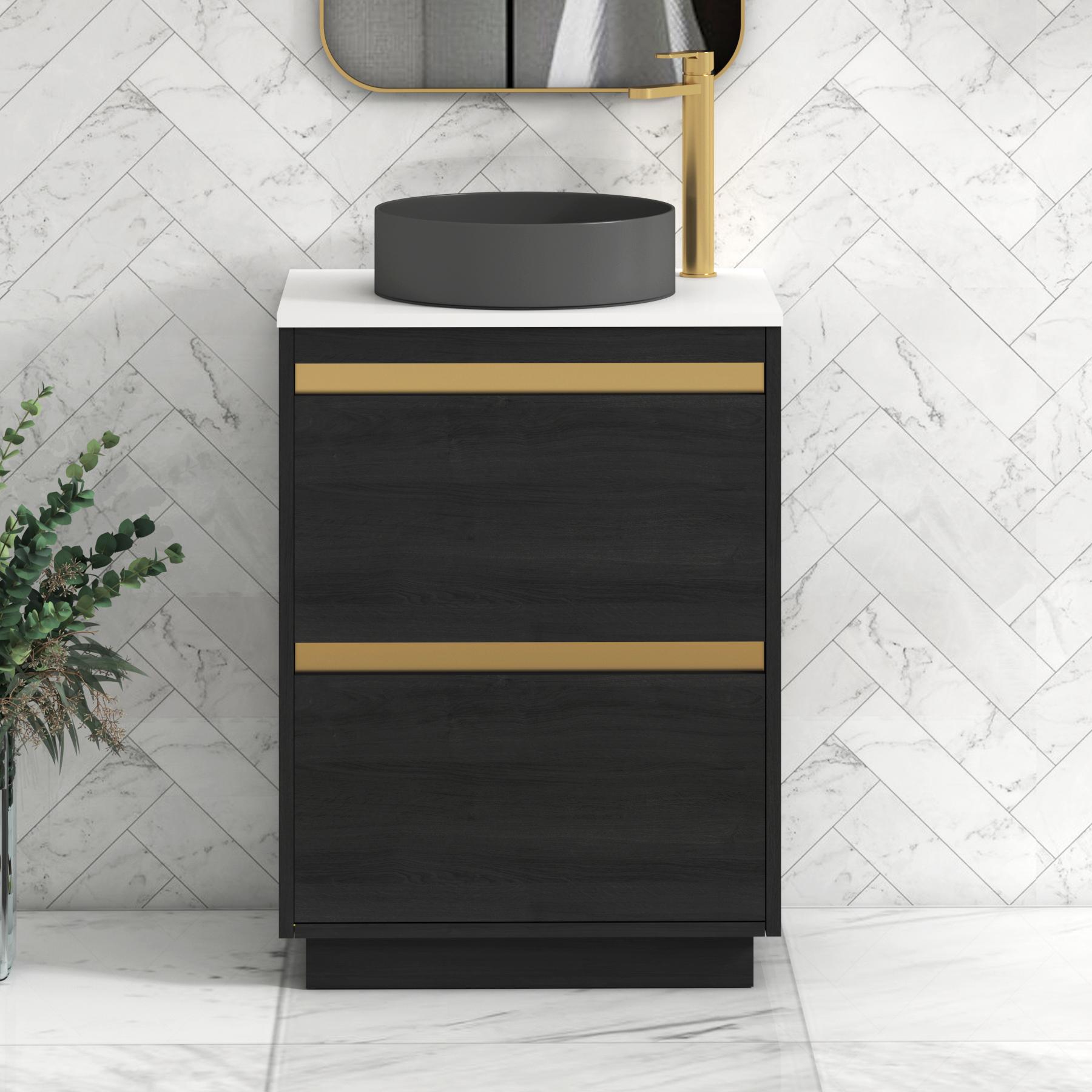Orion 2 Drawer Hale Black Floor Standing Vanity Unit with Plain White Top & Countertop Basin | Brushed Brass Accent Trim