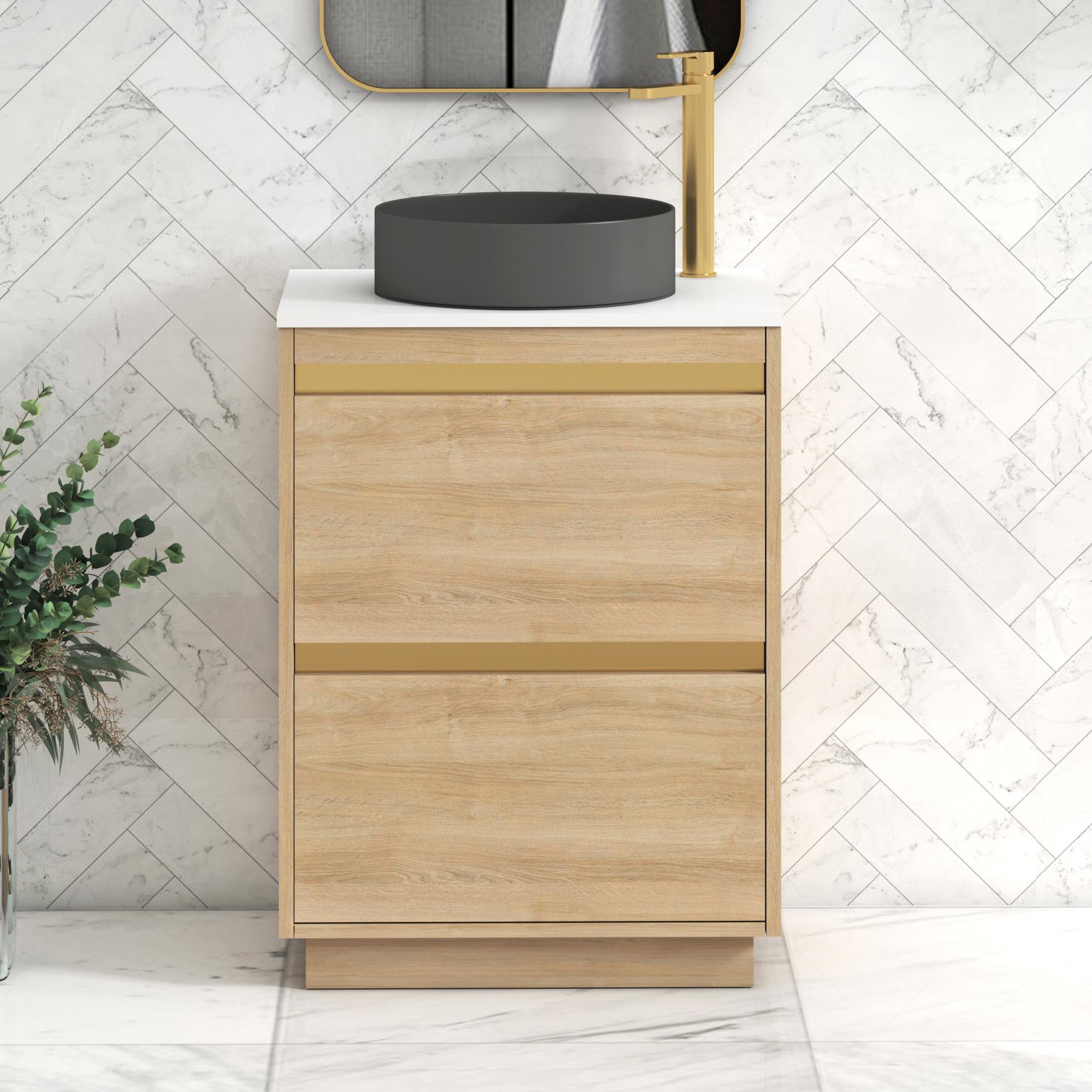 Orion 2 Drawer Natural Oak Floor Standing Vanity Unit with Plain White Top & Countertop Basin | Brushed Brass Accent Trim