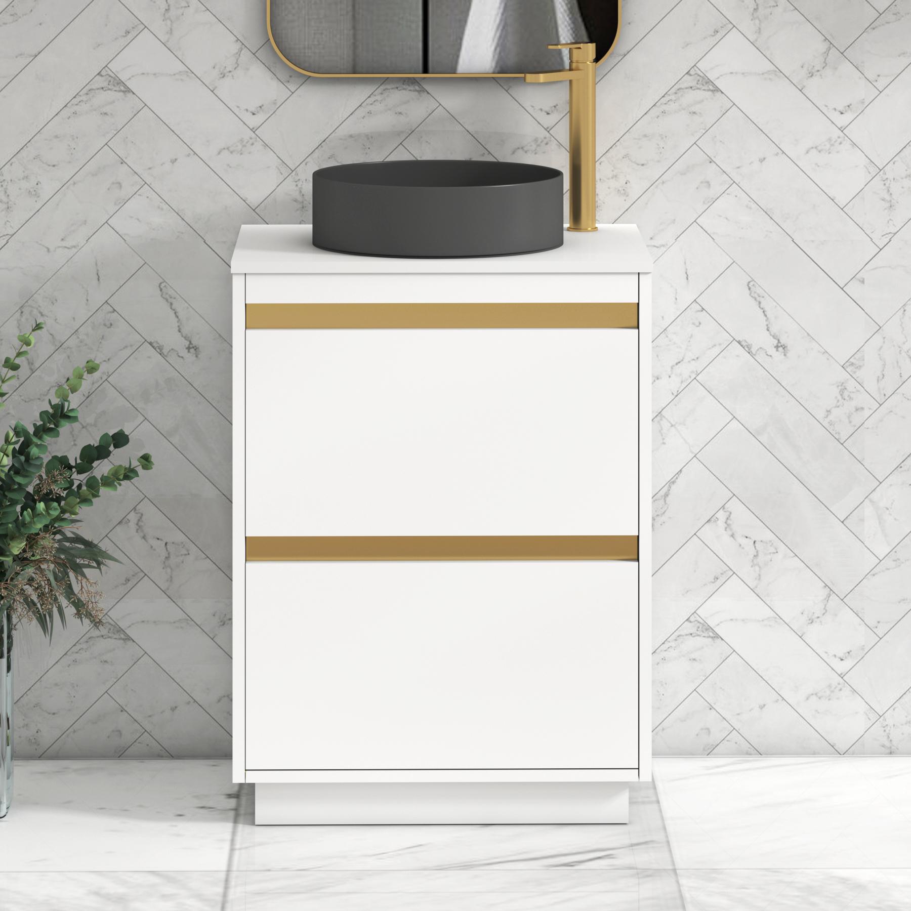 Orion 2 Drawer Matt White Floor Standing Vanity Unit with Plain White Top & Countertop Basin | Brushed Brass Accent Trim