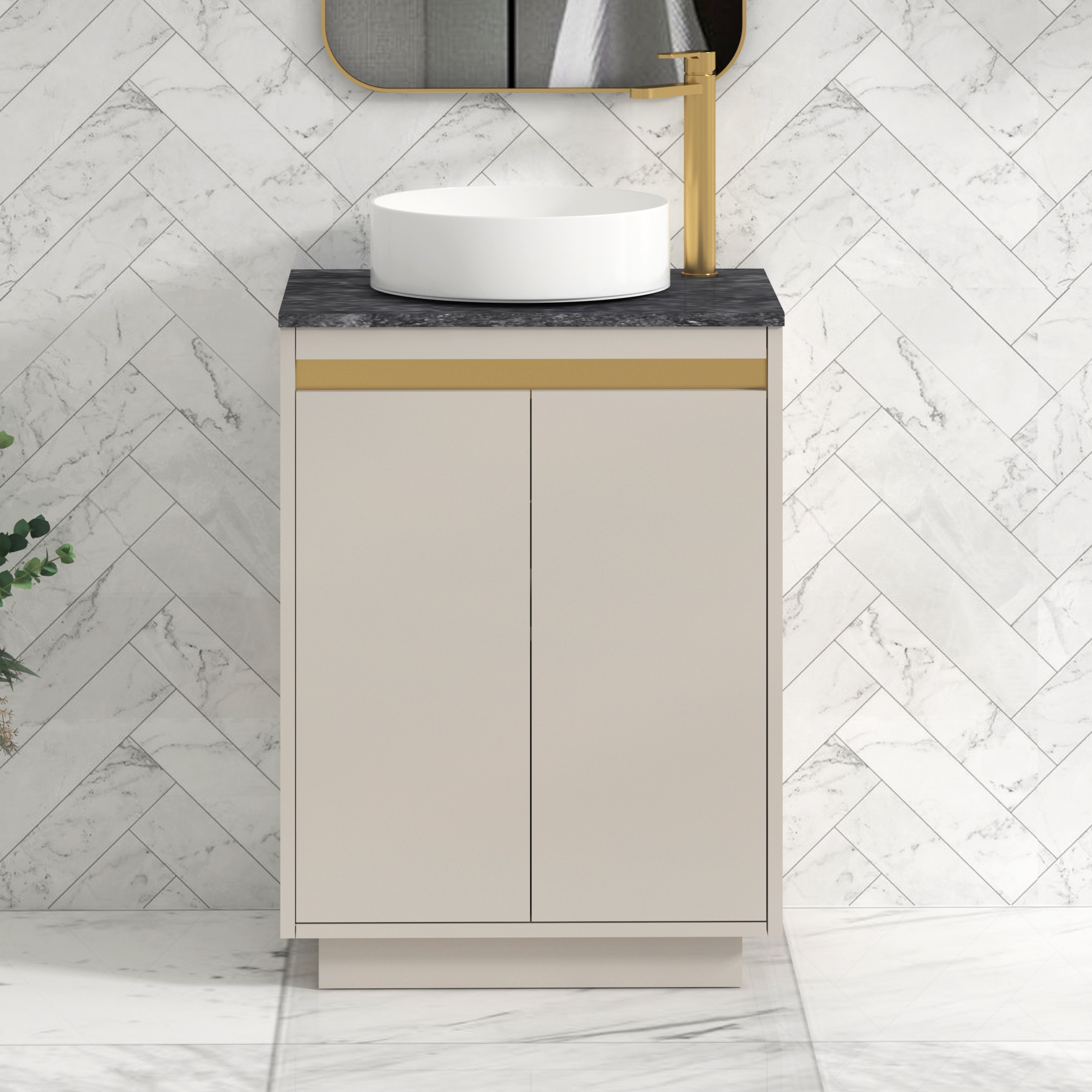 Orion 800mm Beige Floor Standing Vanity Unit 2 Door with Black Star Undrilled Worktop & Brushed Brass Strip