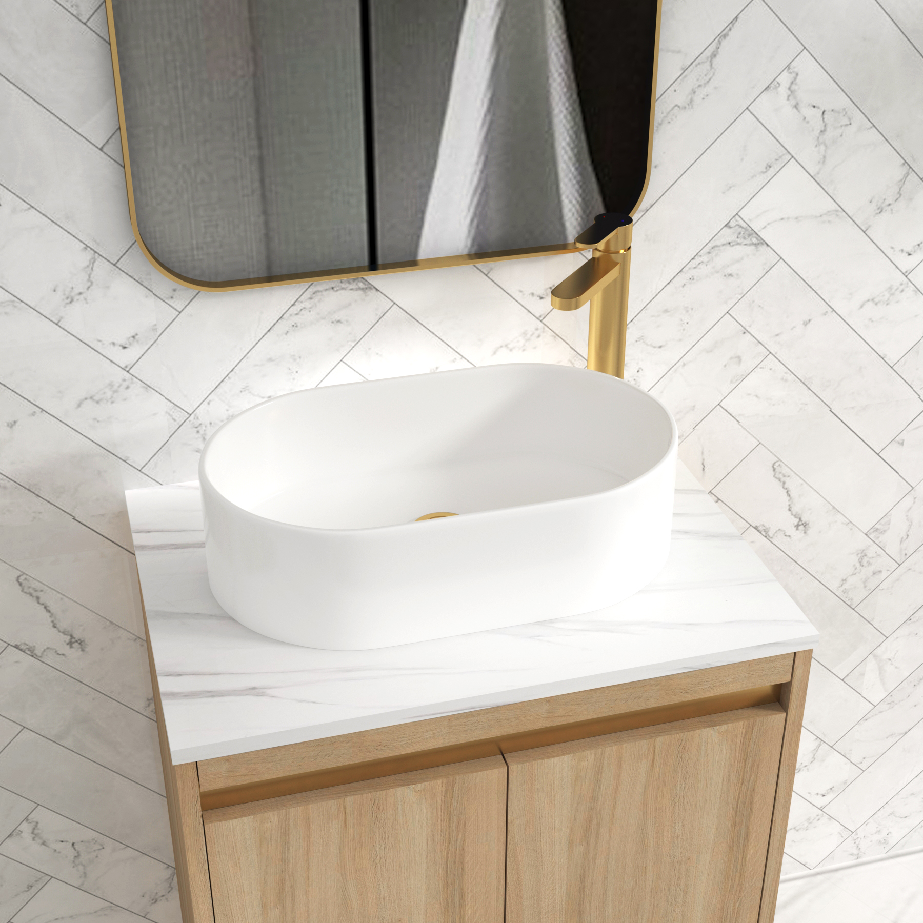 Orion 800mm Natural Oak Floor Standing Countertop Vanity Unit 2 Drawer with Peak Basin & Brushed Brass Accent Trim