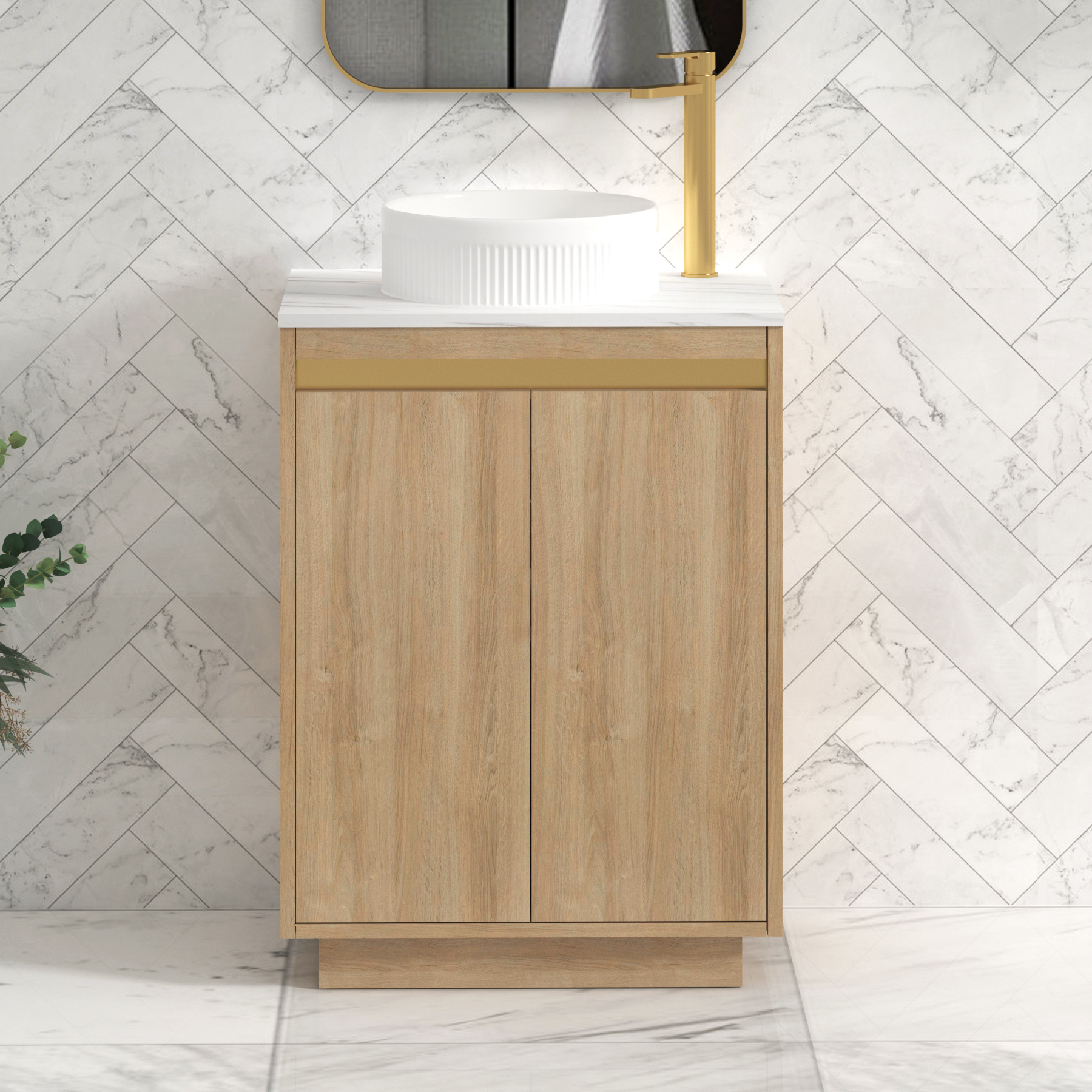 Orion 800mm Oak Floor Standing Countertop Vanity Unit 2 Door with Round Basin & Brushed Brass Strip