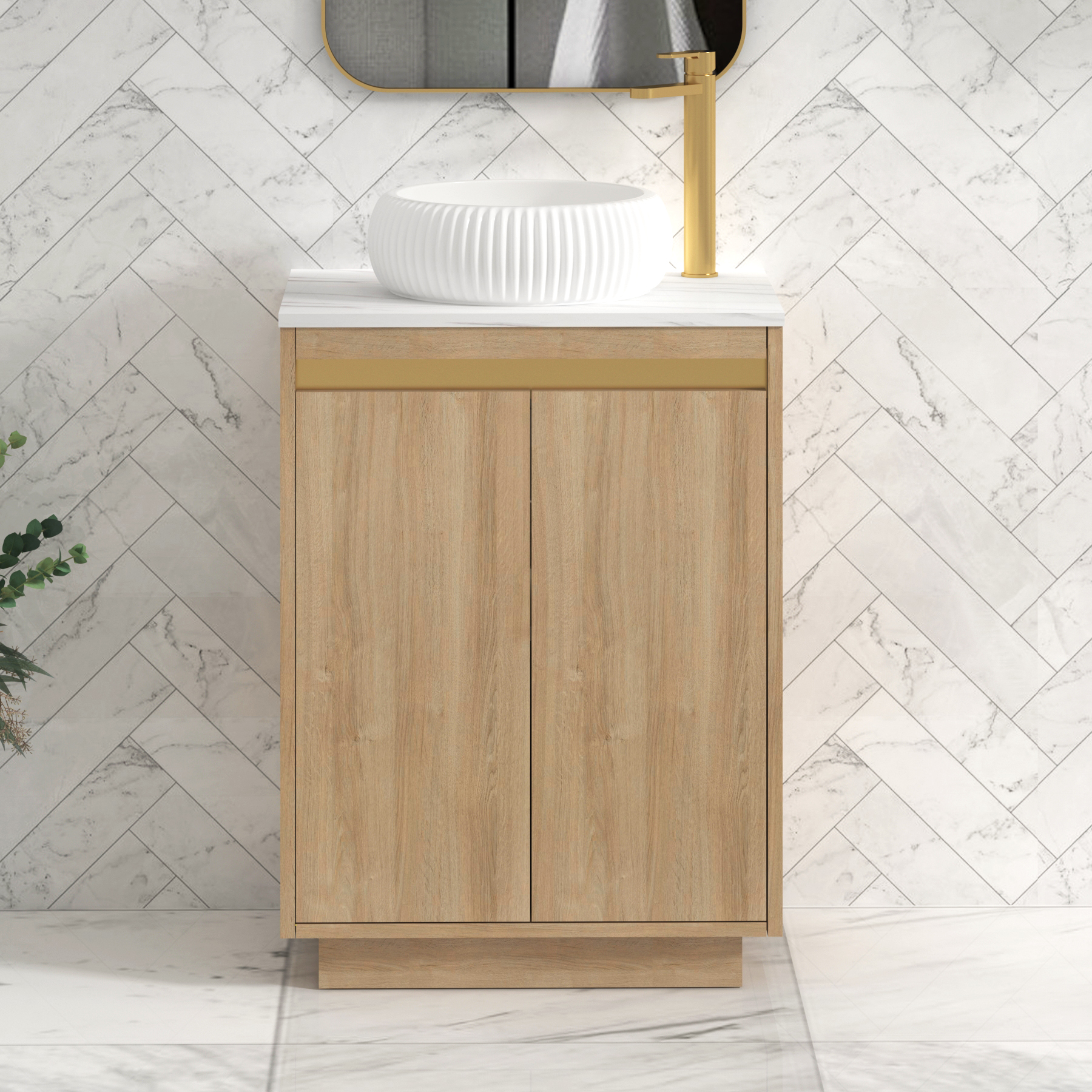 Orion 800mm Oak Floor Standing Countertop Vanity Unit 2 Door with Milan Basin & Brushed Brass Strip