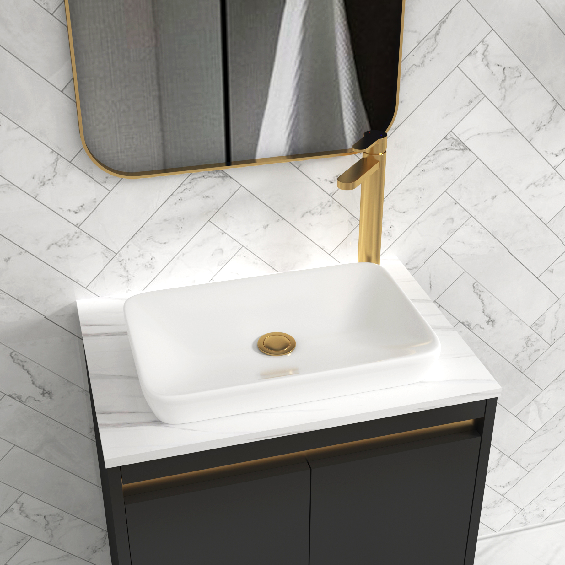 Orion 800mm Matt Obsidian Black Floor Standing Countertop Vanity Unit 2 Drawer with Qubix Basin & Brushed Brass Accent Trim