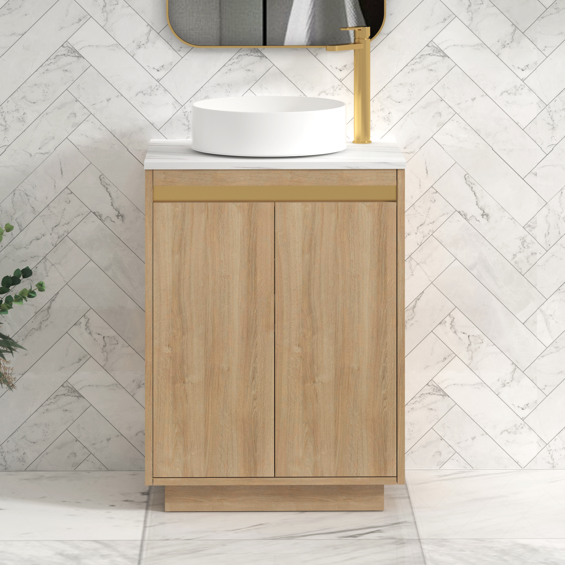 Orion 800mm Oak Floor Standing Vanity Unit 2 Door with Carrara White Undrilled Worktop & Brushed Brass Strip
