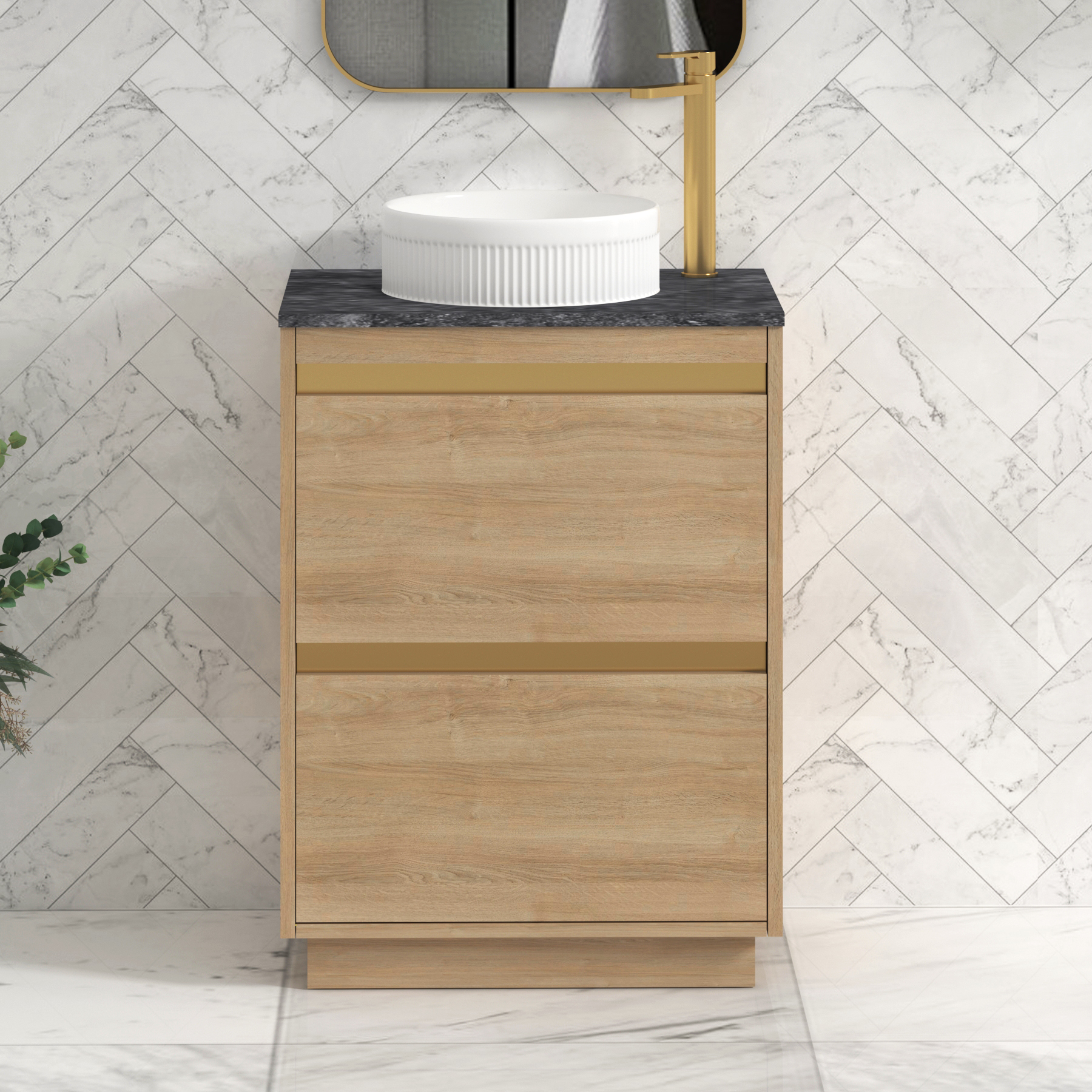 Orion 800mm Oak Floor Standing Countertop Vanity Unit 2 Drawer with Round Basin & Brushed Brass Strip - Black Star
