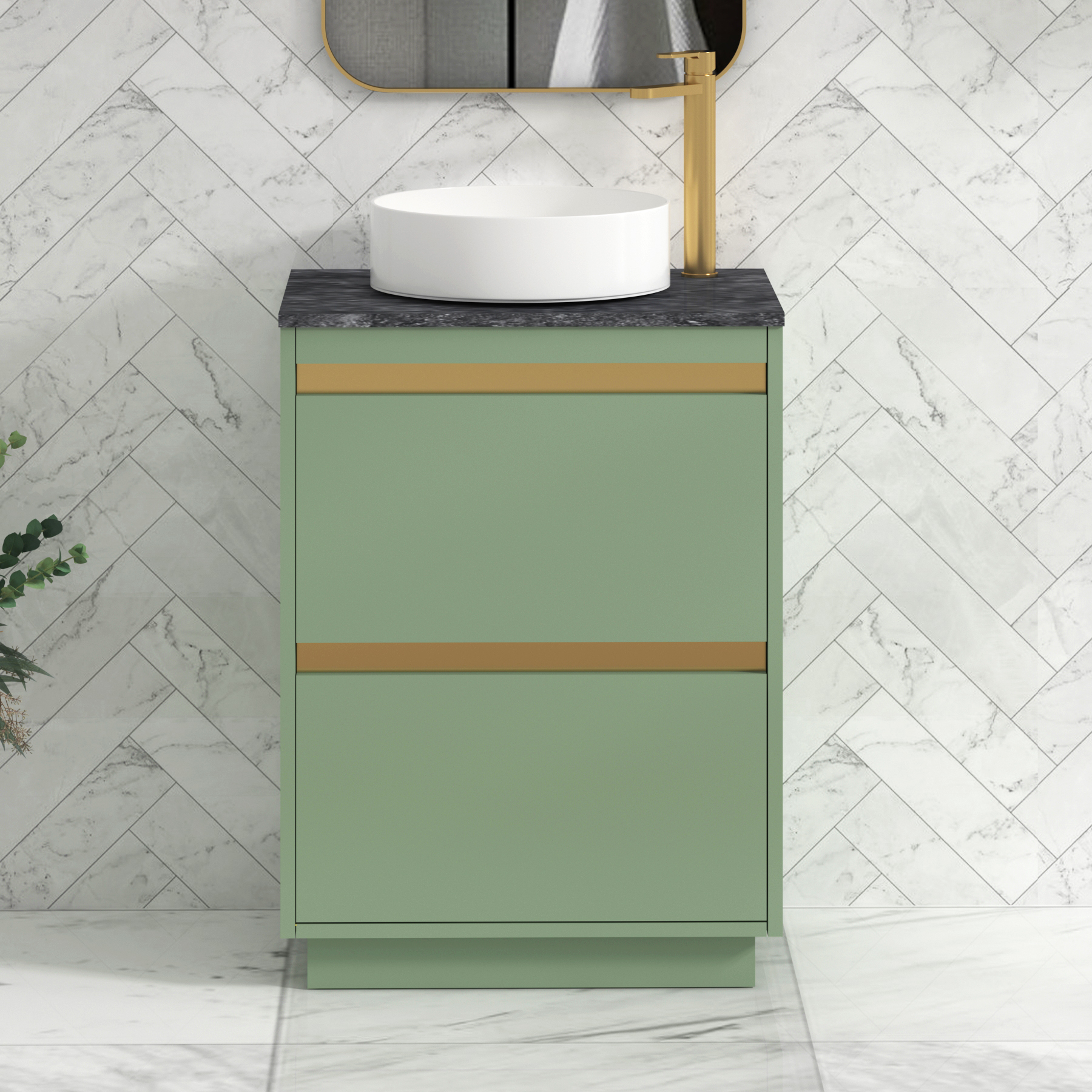 Orion 800mm Mint Green Floor Standing Vanity Unit 2 Drawer with Black Star Undrilled Worktop & Brushed Brass Strip