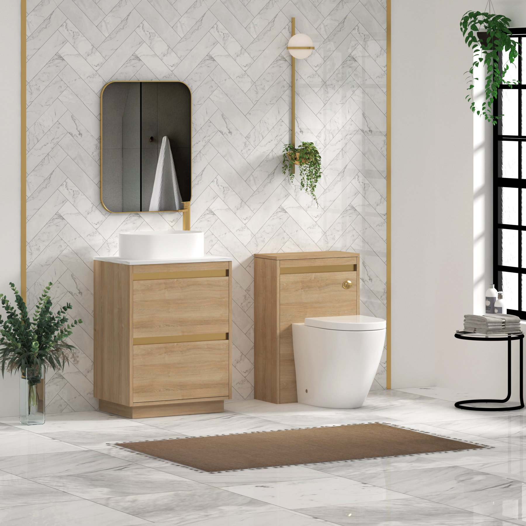 Orion 800mm Natural Oak Floor Standing Countertop Vanity Unit 2 Drawer with Peak Basin & Brushed Brass Accent Trim
