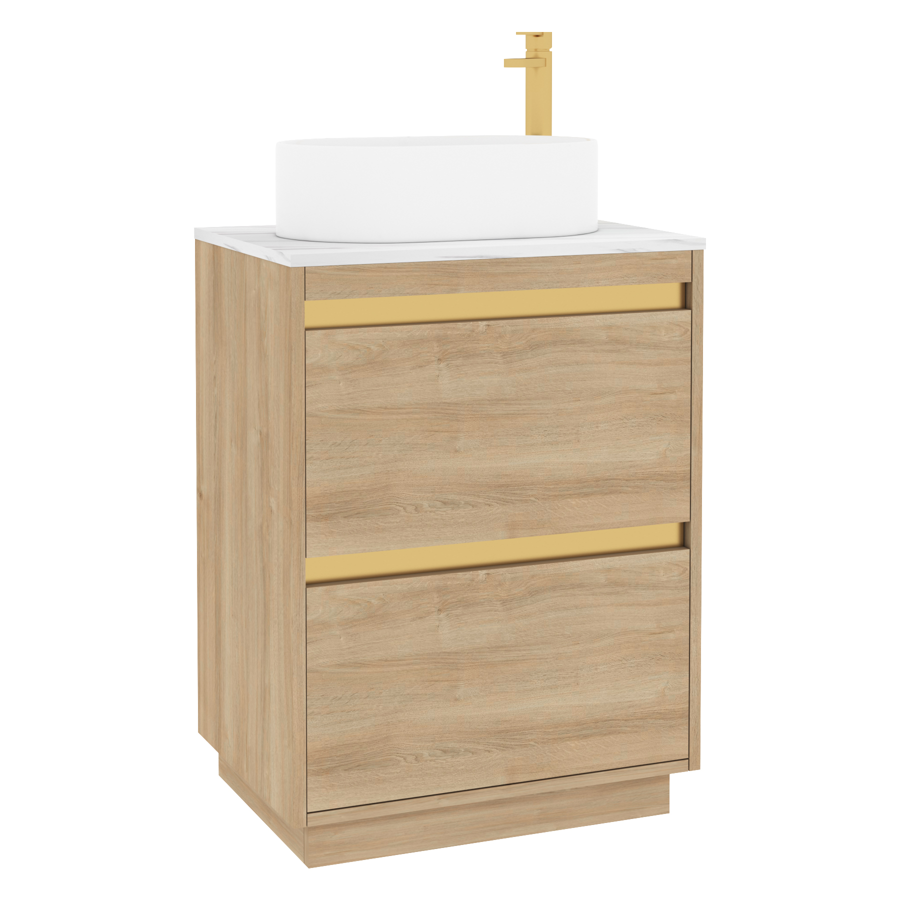 Orion 800mm Natural Oak Floor Standing Countertop Vanity Unit 2 Drawer with Peak Basin & Brushed Brass Accent Trim