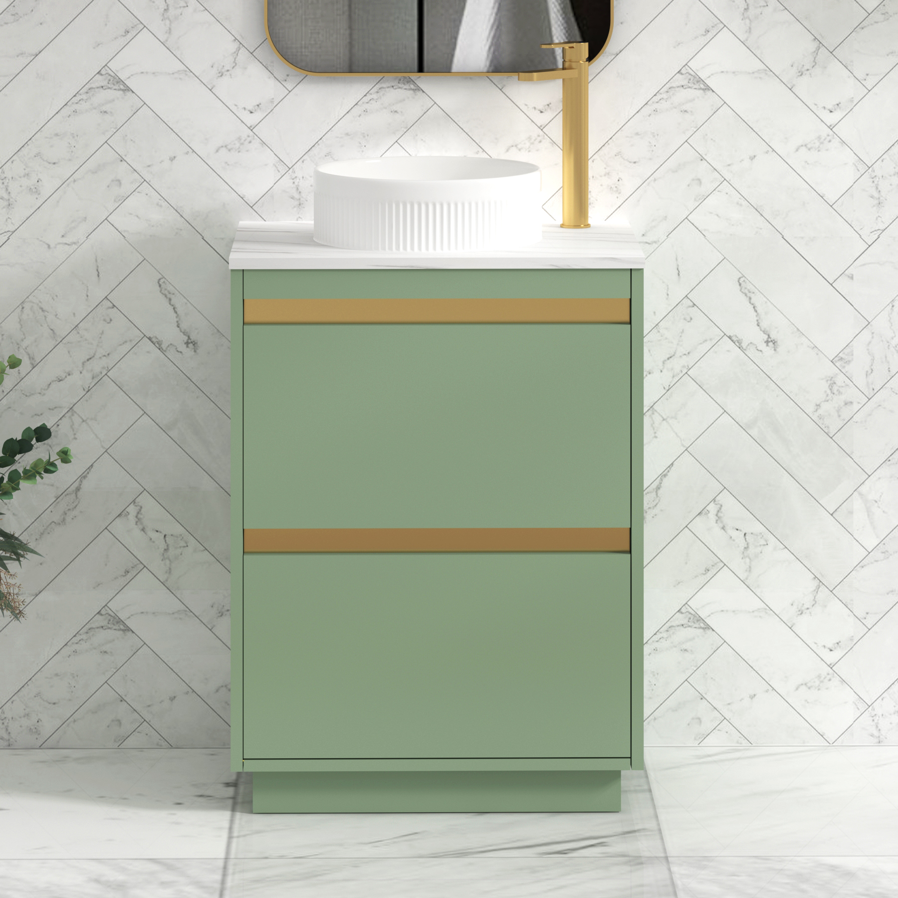Orion 800mm Mint Green Floor Standing Countertop Vanity Unit 2 Drawer with Round Basin & Brushed Brass Strip