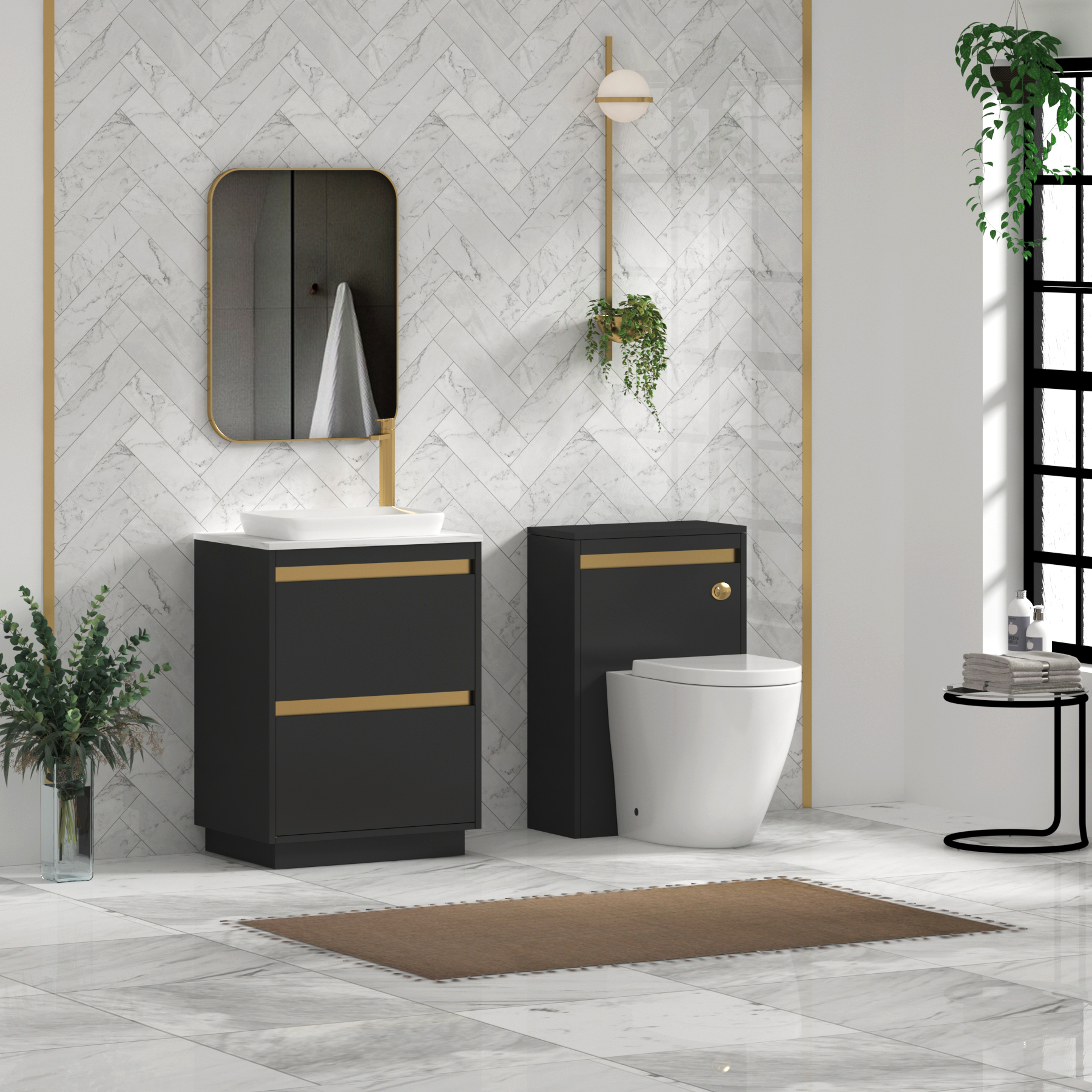 Orion 800mm Matt Obsidian Black Floor Standing Countertop Vanity Unit 2 Drawer with Qubix Basin & Brushed Brass Accent Trim