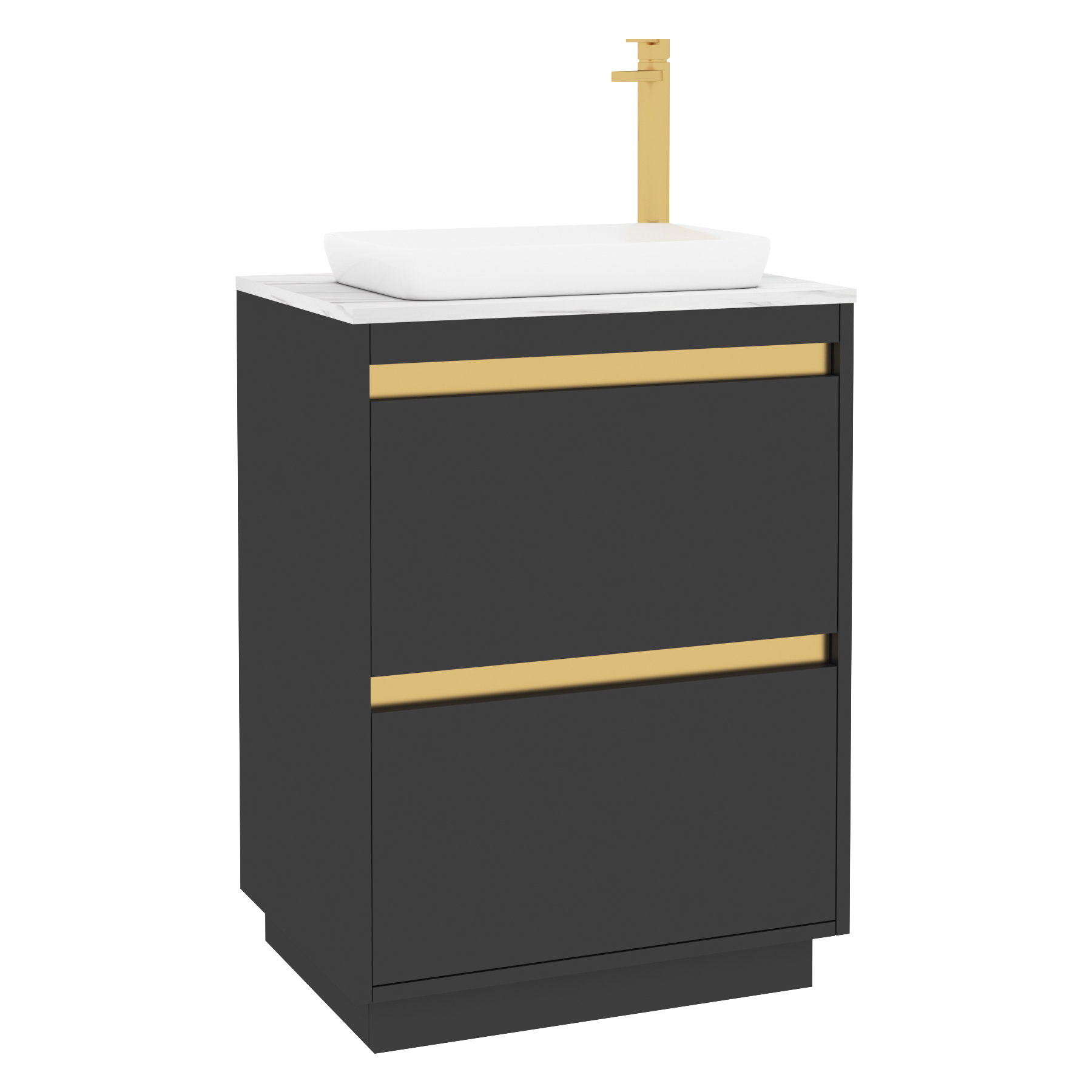 Orion 800mm Matt Obsidian Black Floor Standing Countertop Vanity Unit 2 Drawer with Qubix Basin & Brushed Brass Accent Trim