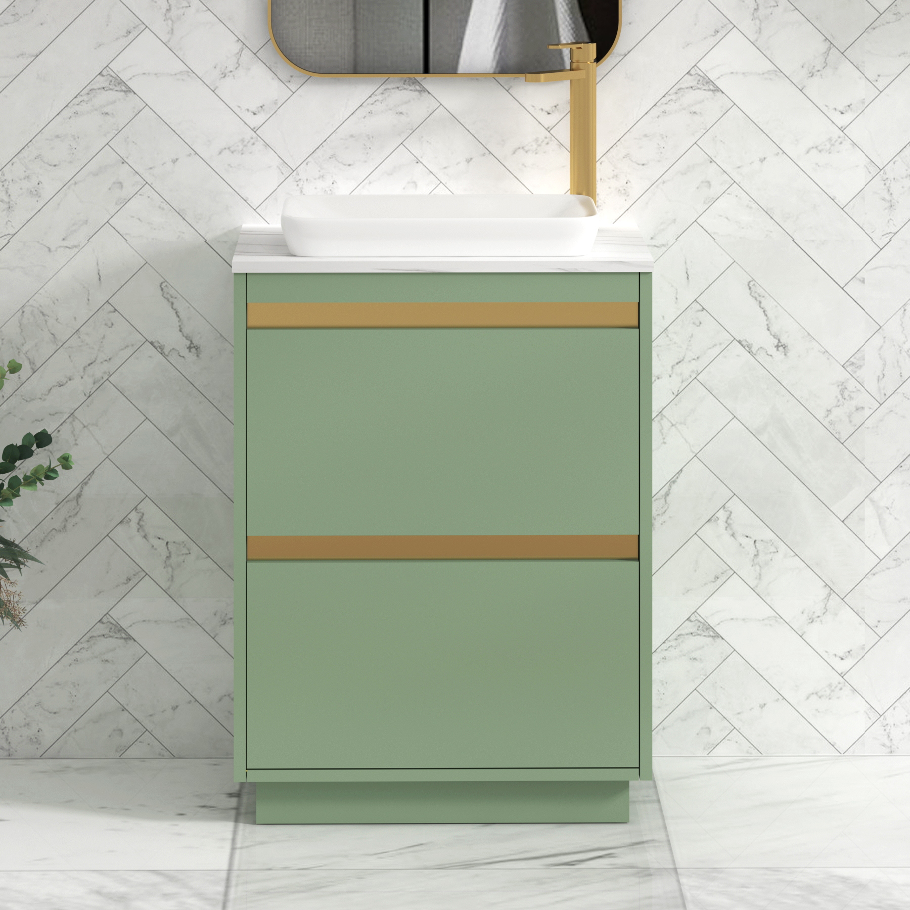 Orion 800mm Mint Green Floor Standing Countertop Vanity Unit 2 Drawer with Qubix Basin & Brushed Brass Strip