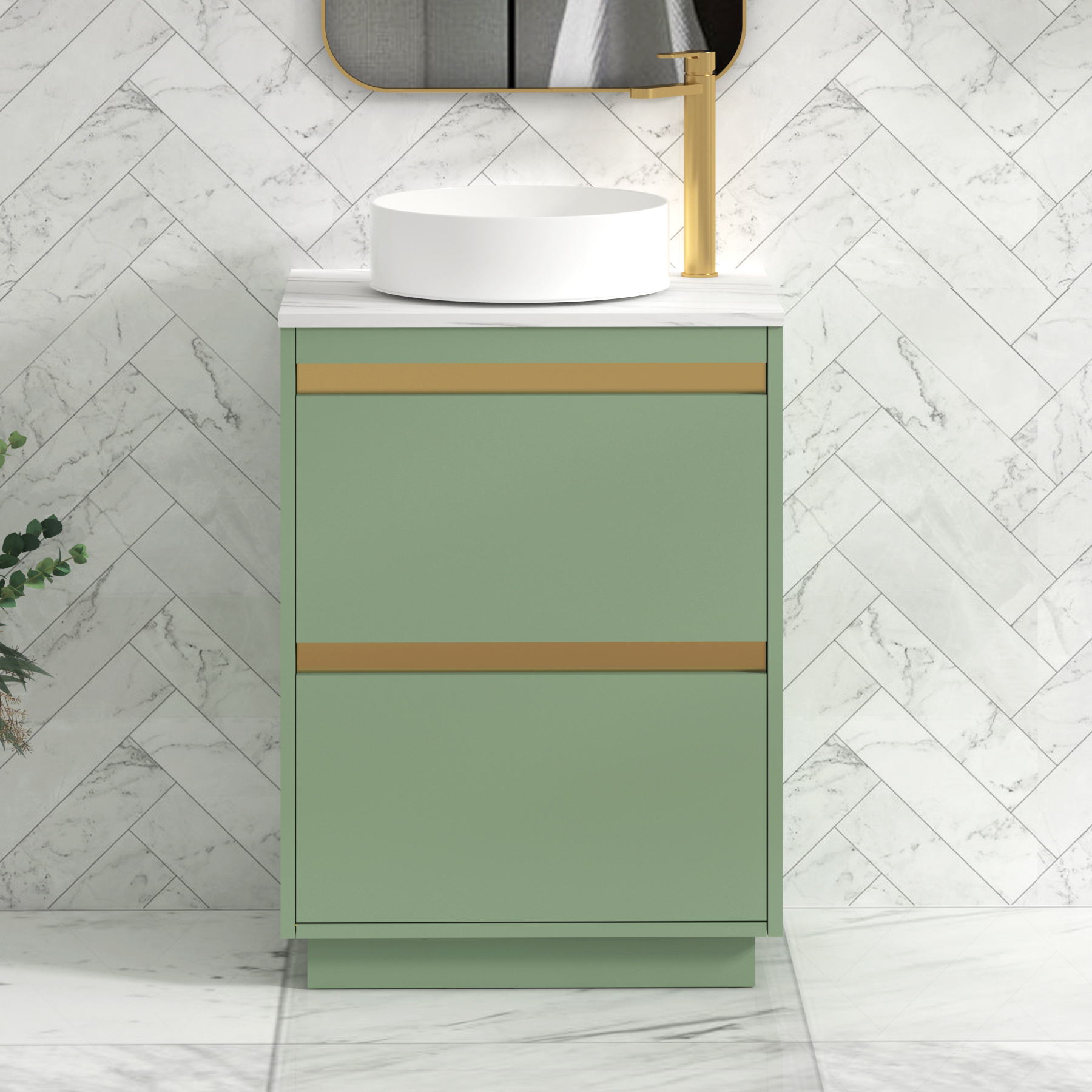 Orion 800mm Mint Green Floor Standing Countertop Vanity Unit 2 Drawer with Art Basin & Brushed Brass Strip