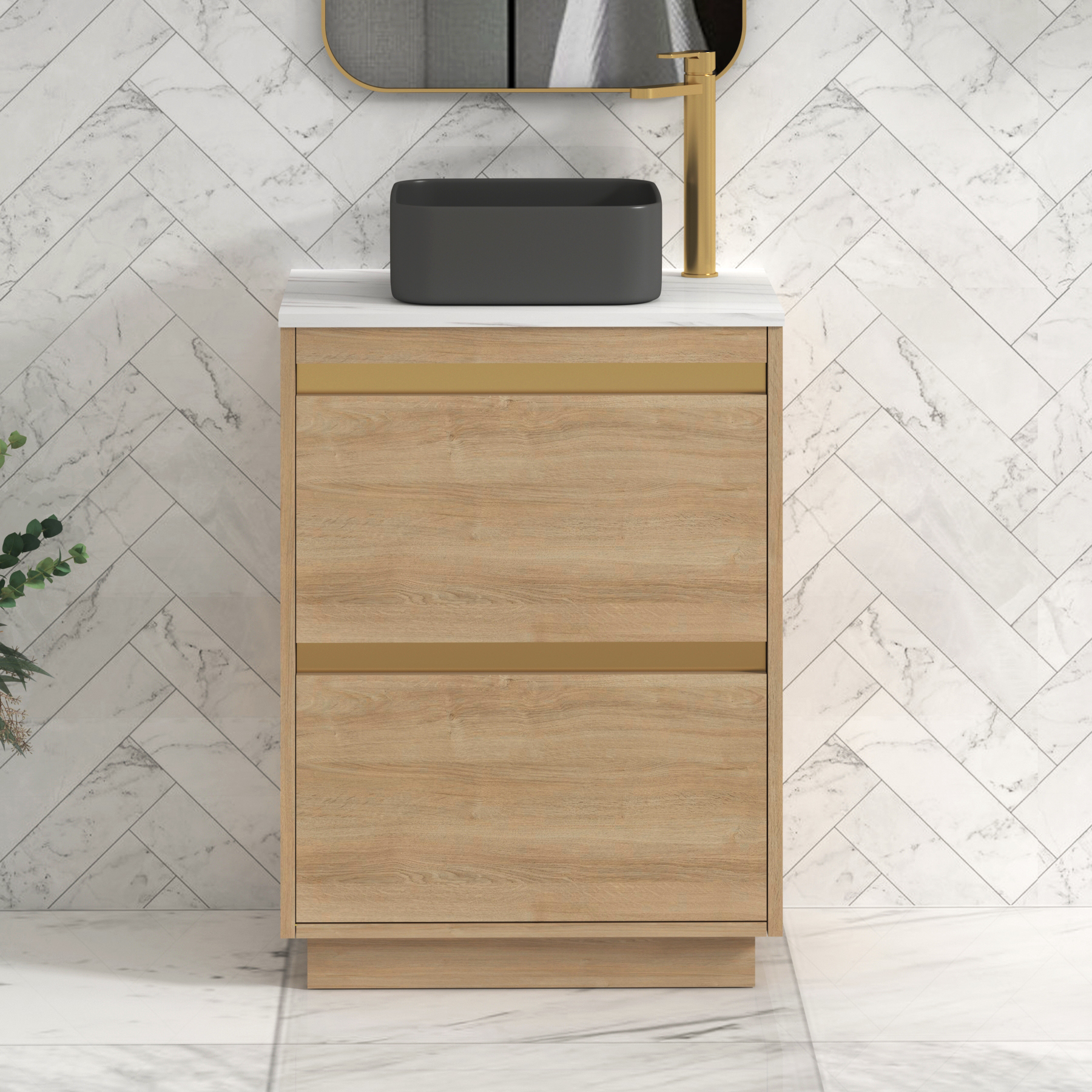 Orion 800mm Oak Floor Standing Countertop Vanity Unit 2 Drawer with Art Square Basin & Brushed Brass Strip