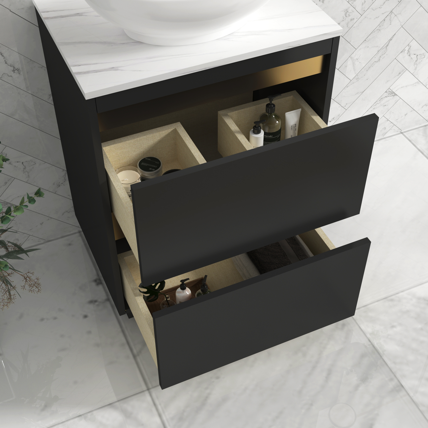Orion 800mm Matt Obsidian Black Floor Standing Countertop Vanity Unit 2 Drawer with Qubix Basin & Brushed Brass Accent Trim