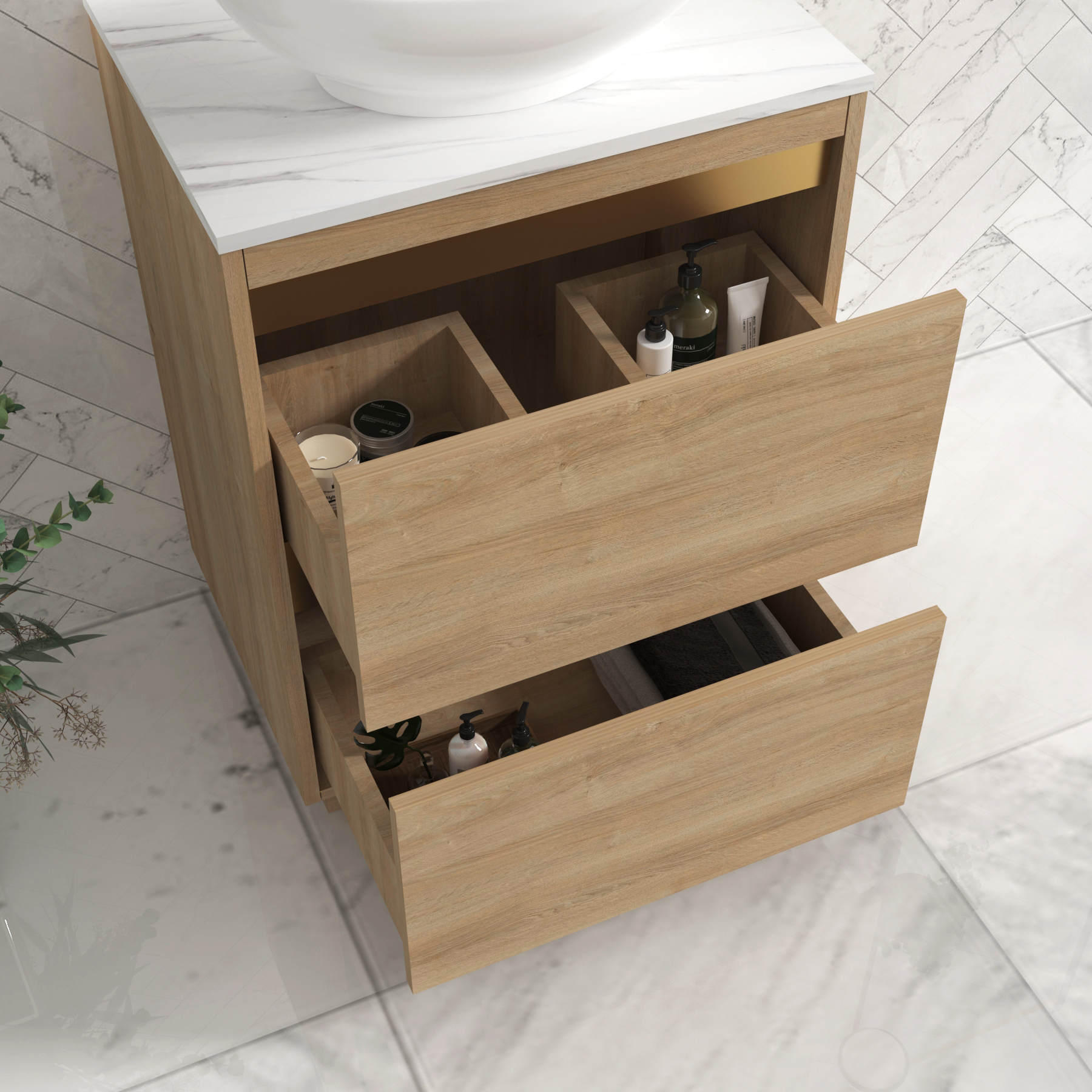 Orion 800mm Natural Oak Floor Standing Countertop Vanity Unit 2 Drawer with Peak Basin & Brushed Brass Accent Trim