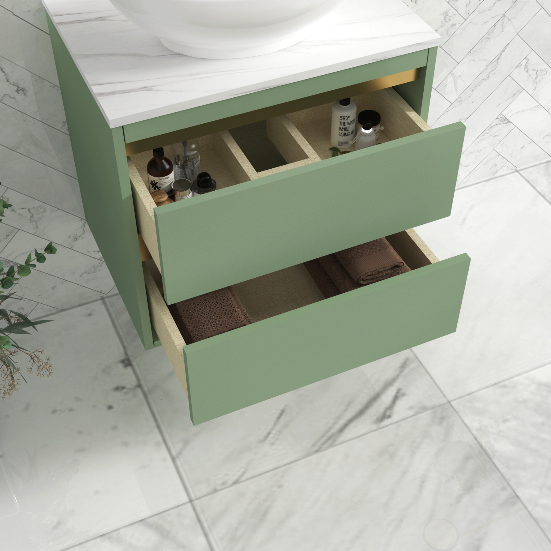 Orion 600mm Mint Sage Wall Hung Countertop Vanity Unit 2 Drawer with Art Basin & Brushed Brass Accent Trim