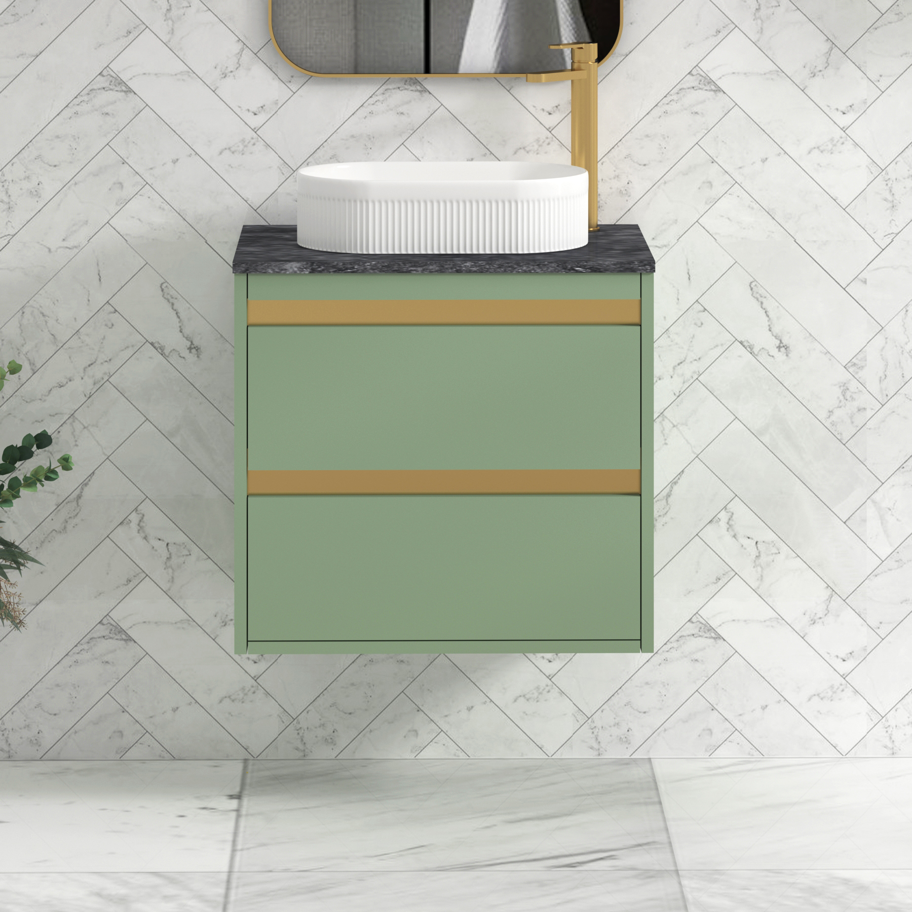 Orion 600mm Mint Green Wall Hung Countertop Vanity Unit 2 Drawer with Lyon Basin & Brushed Brass Strip - Black Star