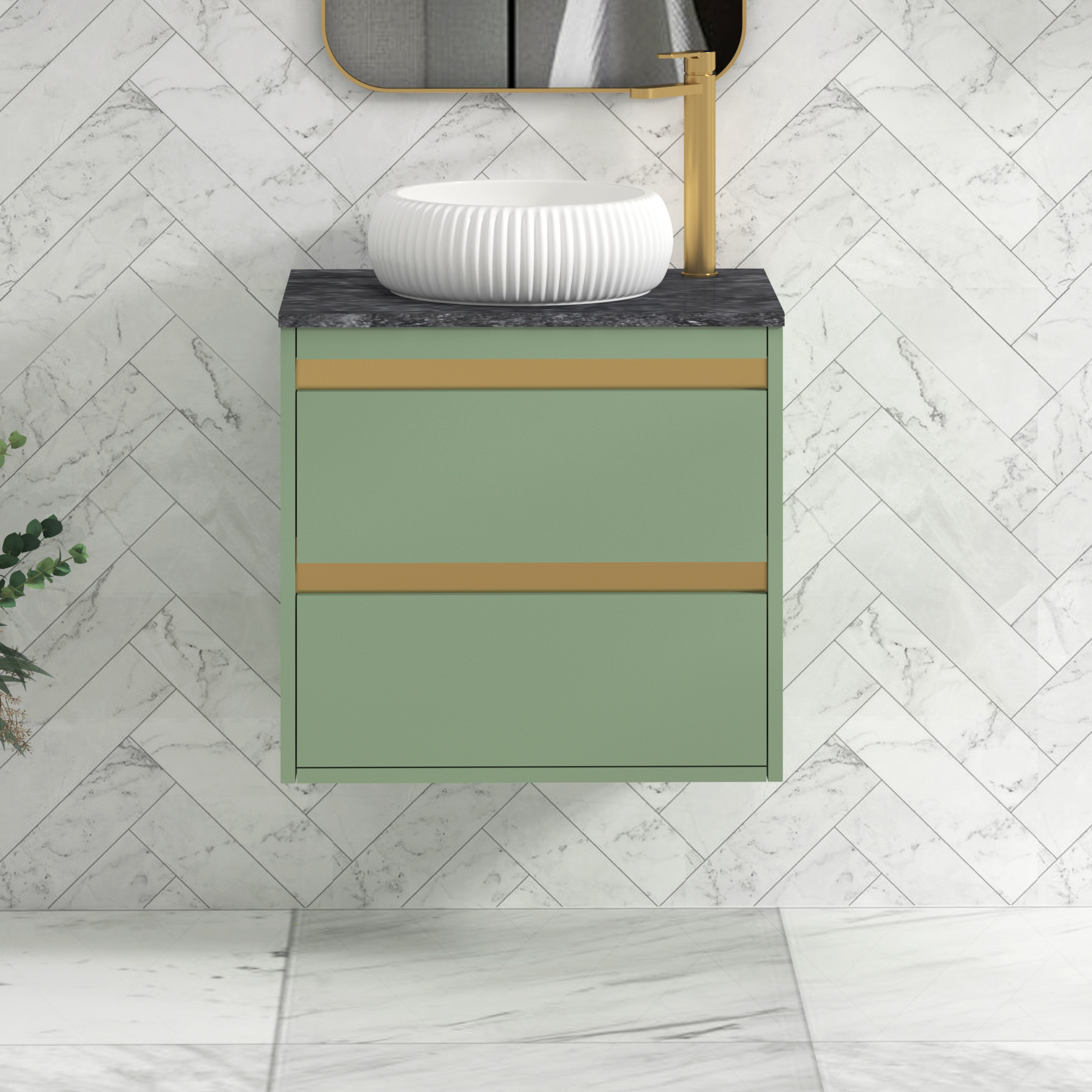 Orion 600mm Mint Green Wall Hung Countertop Vanity Unit 2 Drawer with Milan Basin & Brushed Brass Strip - Black Star
