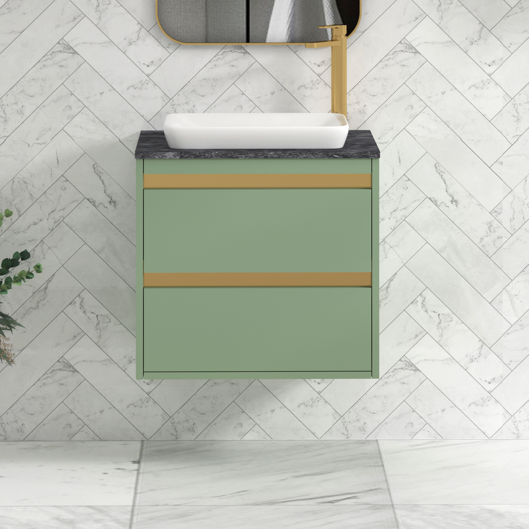 Orion 600mm Mint Green Wall Hung Countertop Vanity Unit 2 Drawer with Qubix Basin & Brushed Brass Strip - Black Star