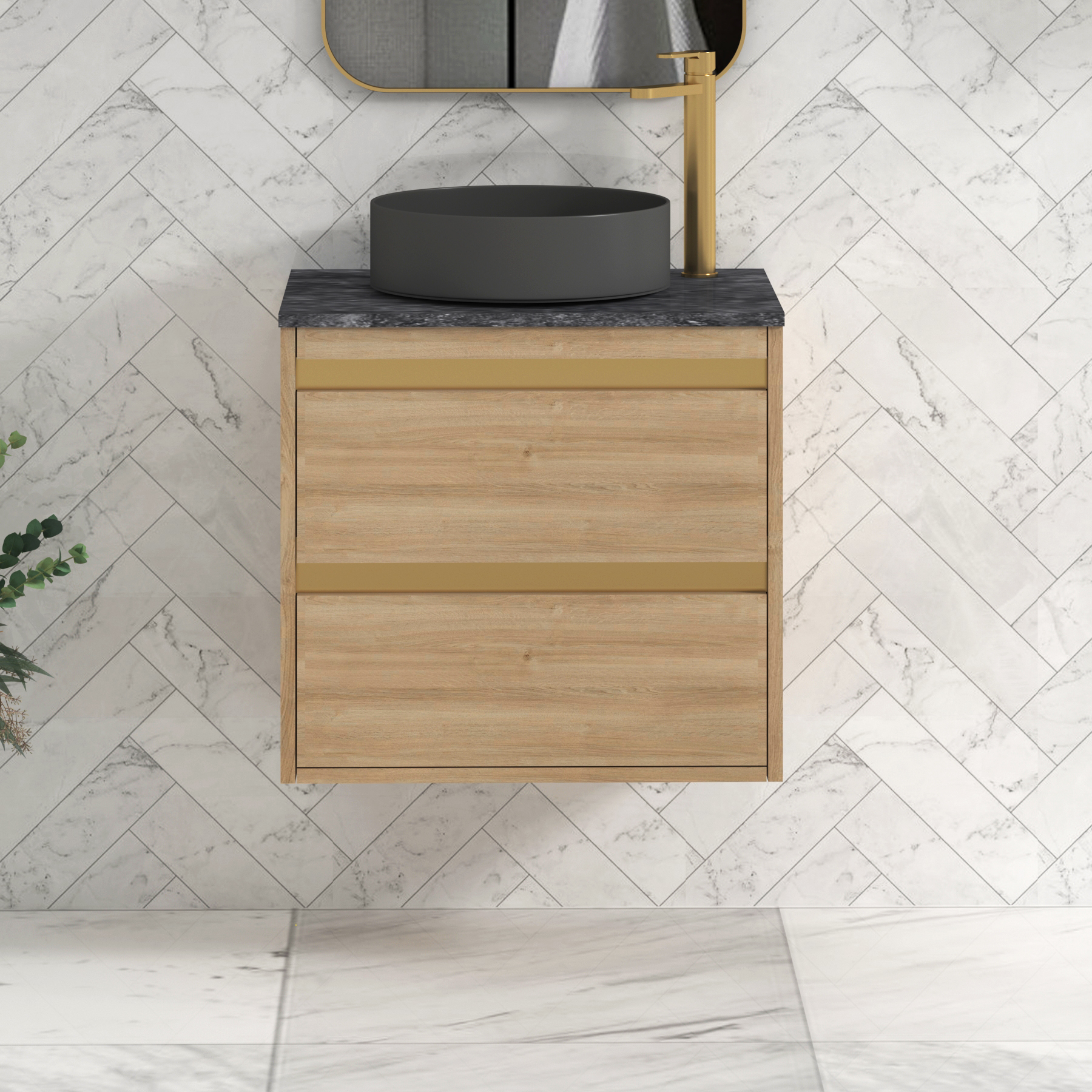Orion 600mm Oak Wall Hung Countertop Vanity Unit 2 Drawer with Art Round Basin & Brushed Brass Strip - Black Star
