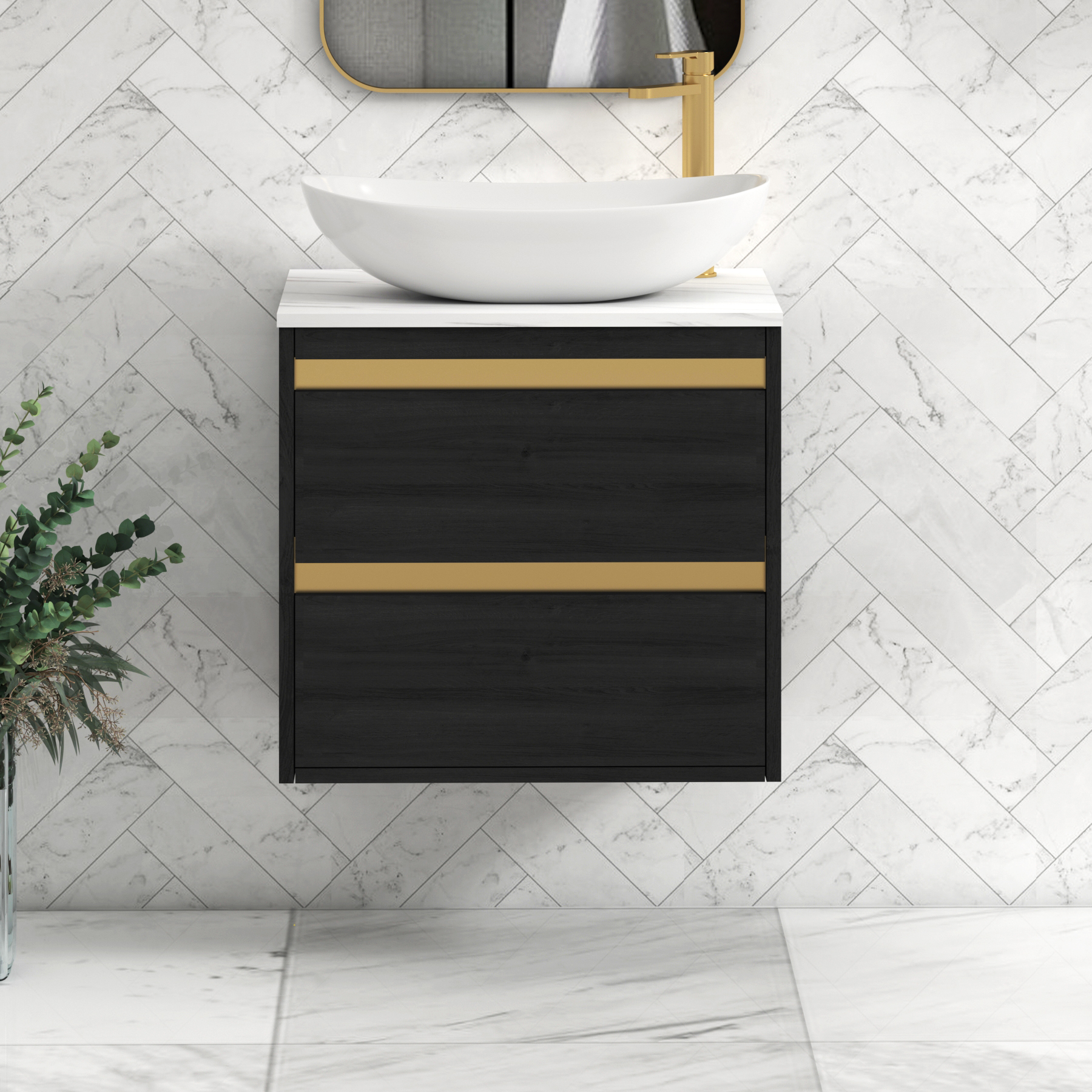 Orion 2 Drawer Hale Black Wall Hung Vanity Unit with Carrara White Top & Countertop Basin | Brushed Brass Accent Trim