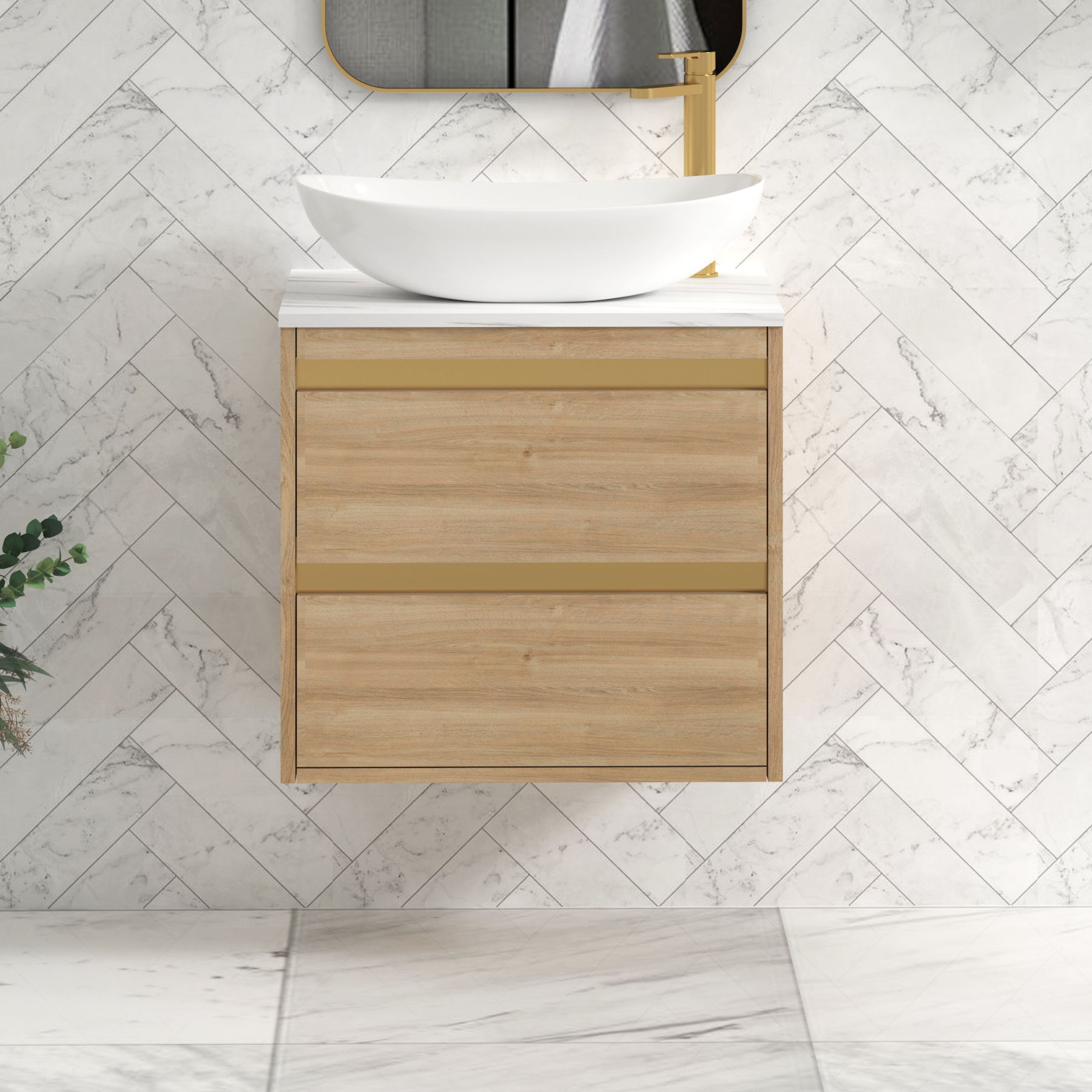 Orion 2 Drawer Natural Oak Wall Hung Vanity Unit with Carrara White Top & Countertop Basin | Brushed Brass Accent Trim