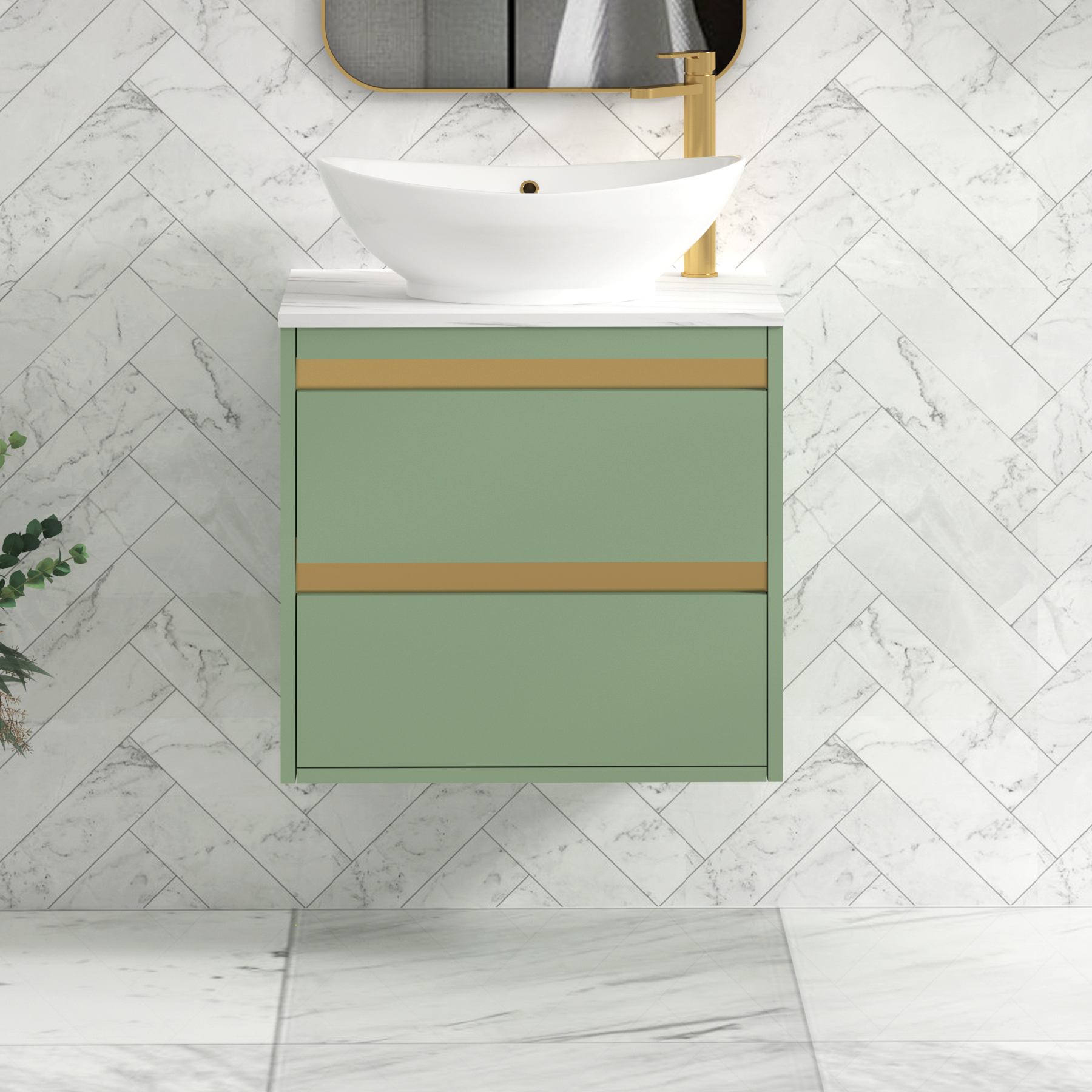 Orion 2 Drawer Mint Sage Wall Hung Vanity Unit with Carrara White Top & Countertop Basin | Brushed Brass Accent Trim