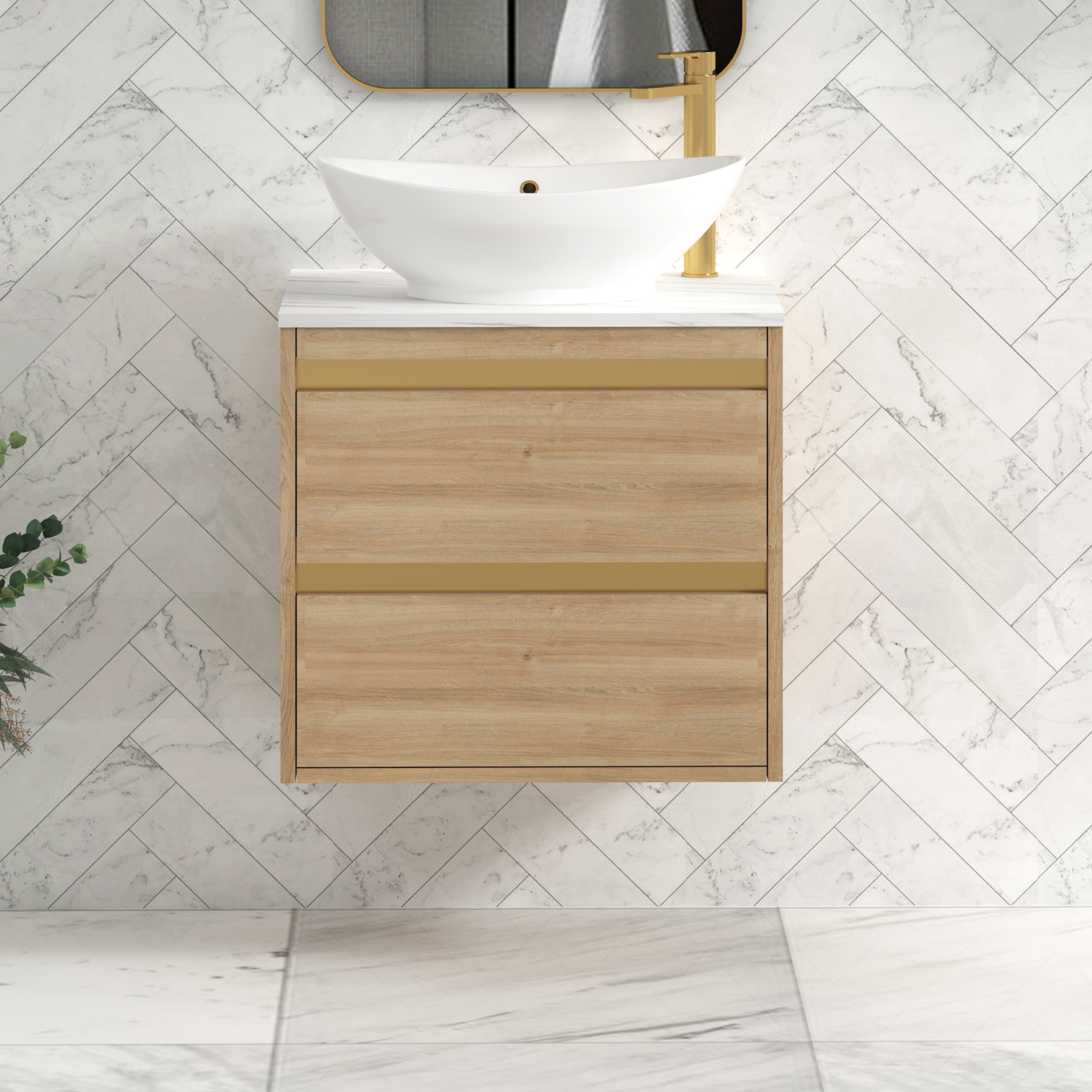Orion 2 Drawer Natural Oak Wall Hung Vanity Unit with Carrara White Top & Countertop Basin | Brushed Brass Accent Trim