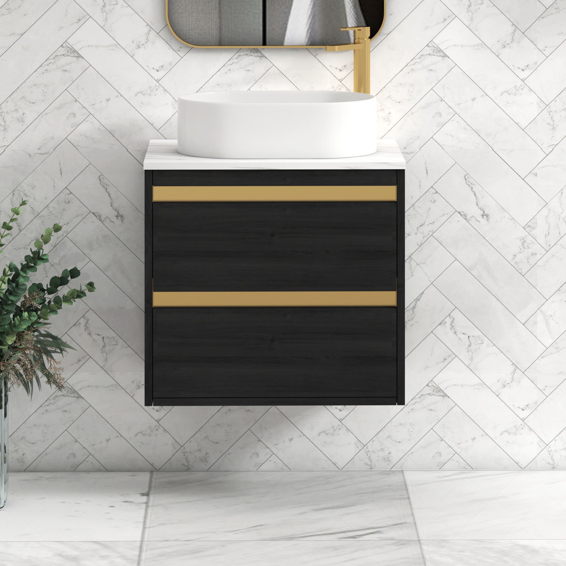 Orion 2 Drawer Hale Black Wall Hung Vanity Unit with Carrara White Top & Countertop Basin | Brushed Brass Accent Trim