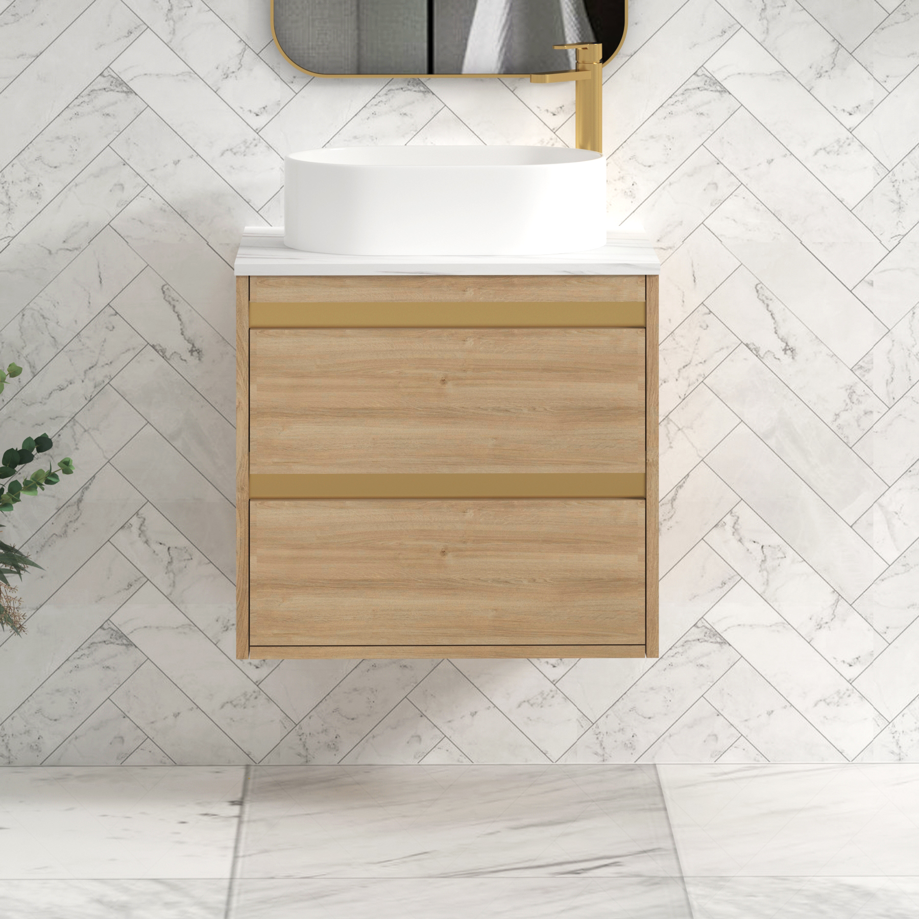 Orion 600mm Natural Oak Wall Hung Countertop Vanity Unit 2 Drawer with Peak Basin & Brushed Brass Accent Trim