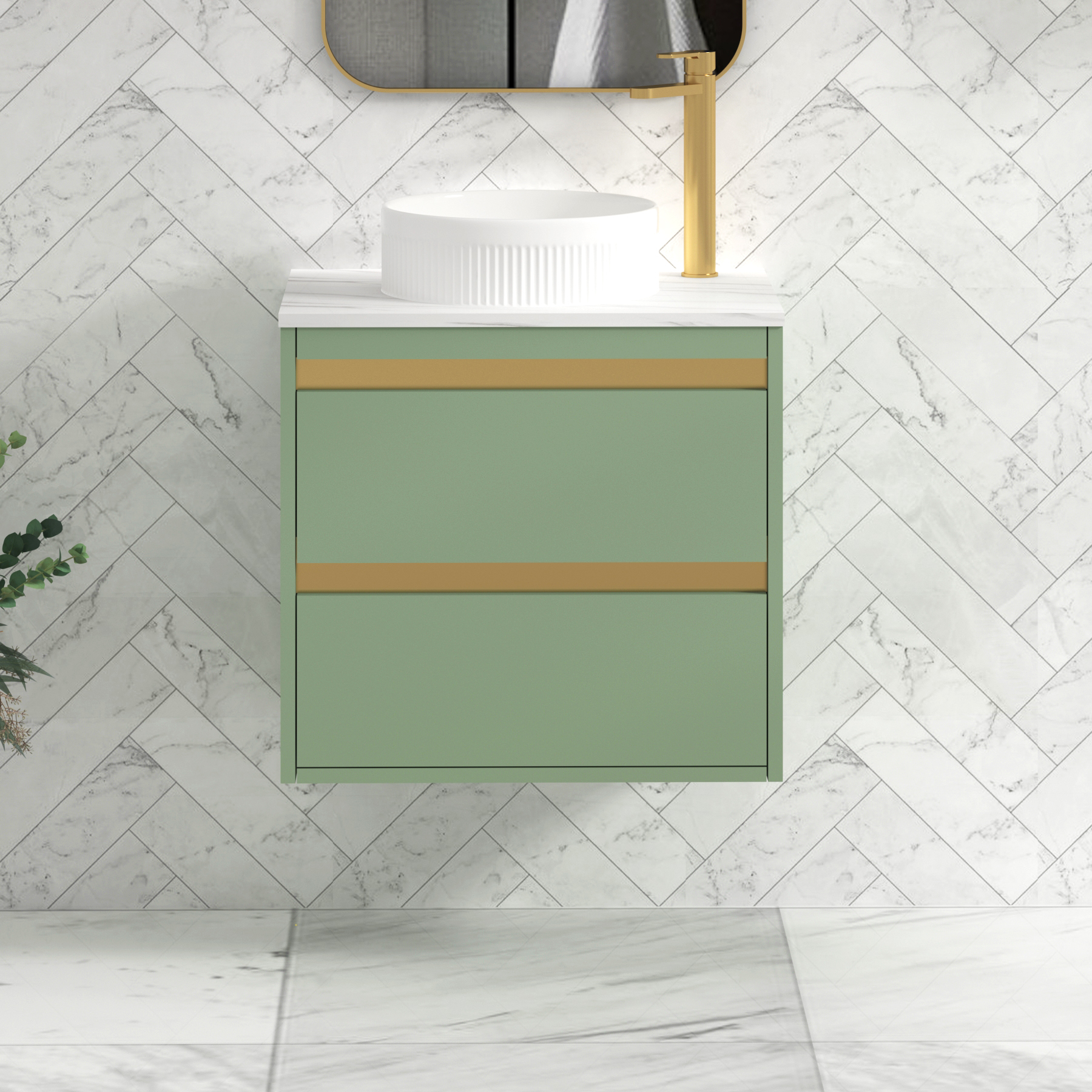 Orion 600mm Mint Sage Wall Hung Countertop Vanity Unit 2 Drawer with Round Basin & Brushed Brass Accent Trim
