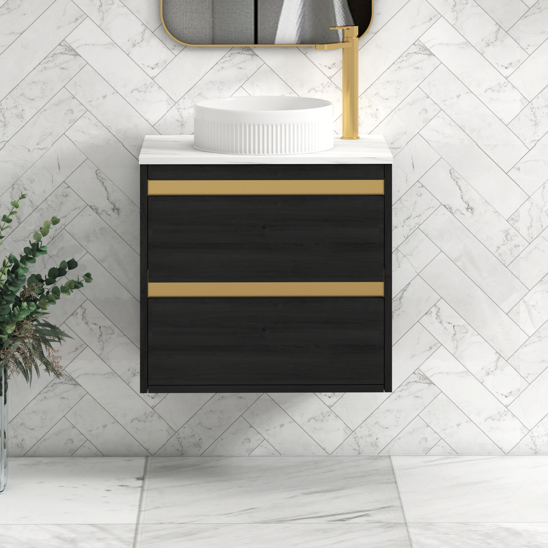 Orion 2 Drawer Hale Black Wall Hung Vanity Unit with Carrara White Top & Countertop Basin | Brushed Brass Accent Trim