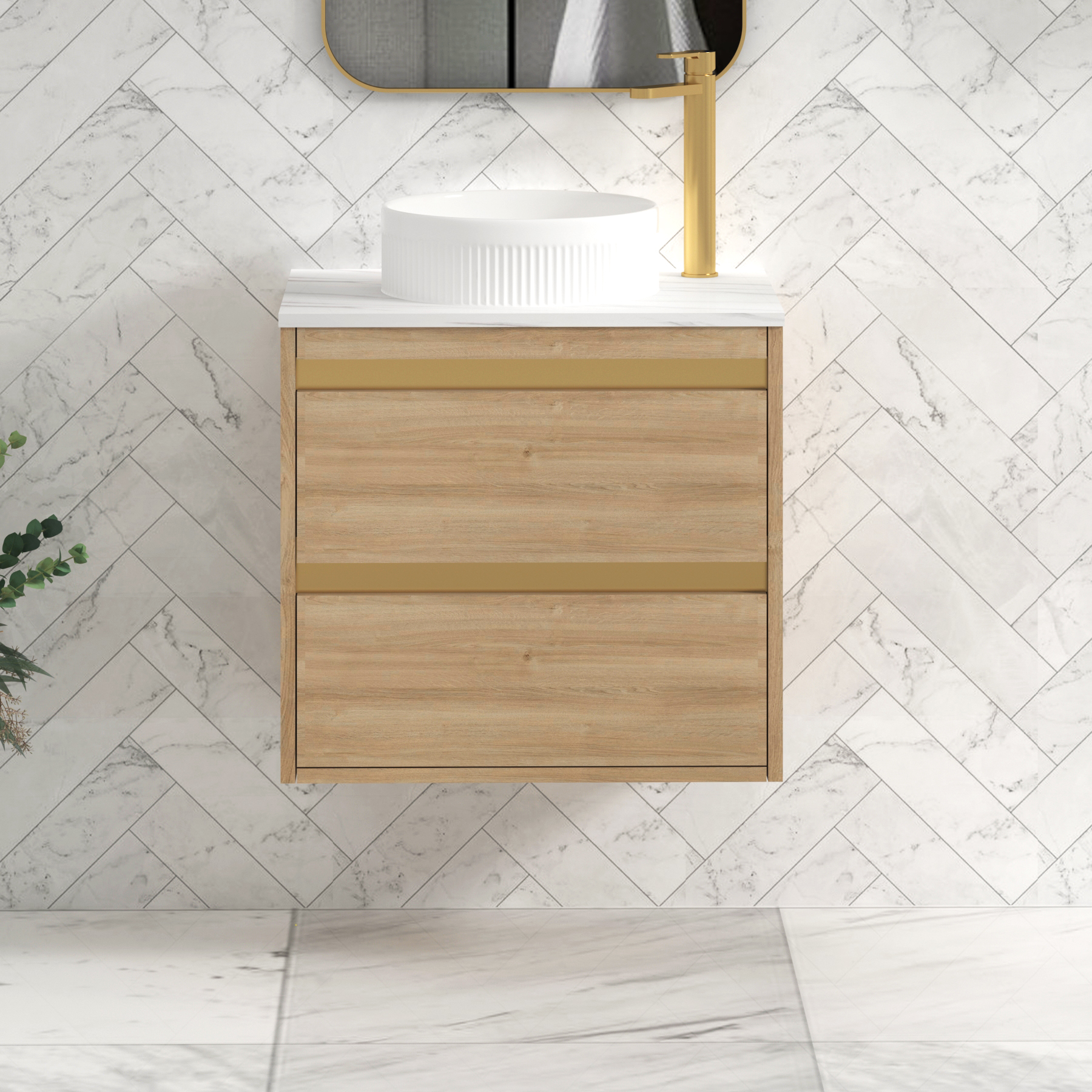 Orion 600mm Natural Oak Wall Hung Countertop Vanity Unit 2 Drawer with Round Basin & Brushed Brass Accent Trim
